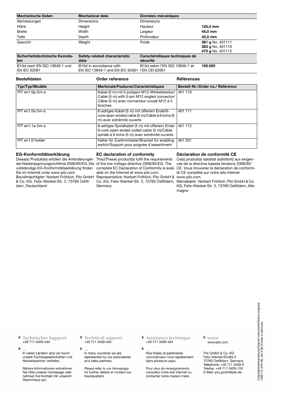 Bestelldaten order reference références, Eg-konformitätserklärung, Ec declaration of conformity | Déclaration de conformité ce | Pilz PIT en1.0 holder User Manual | Page 4 / 4
