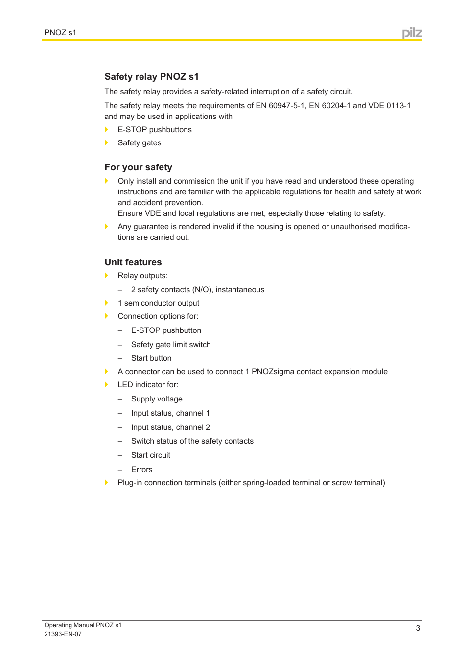 Safety relay pnoz s1, For your safety, Unit features | Pilz PNOZ s1 C 24VDC 2 n/o User Manual | Page 3 / 13