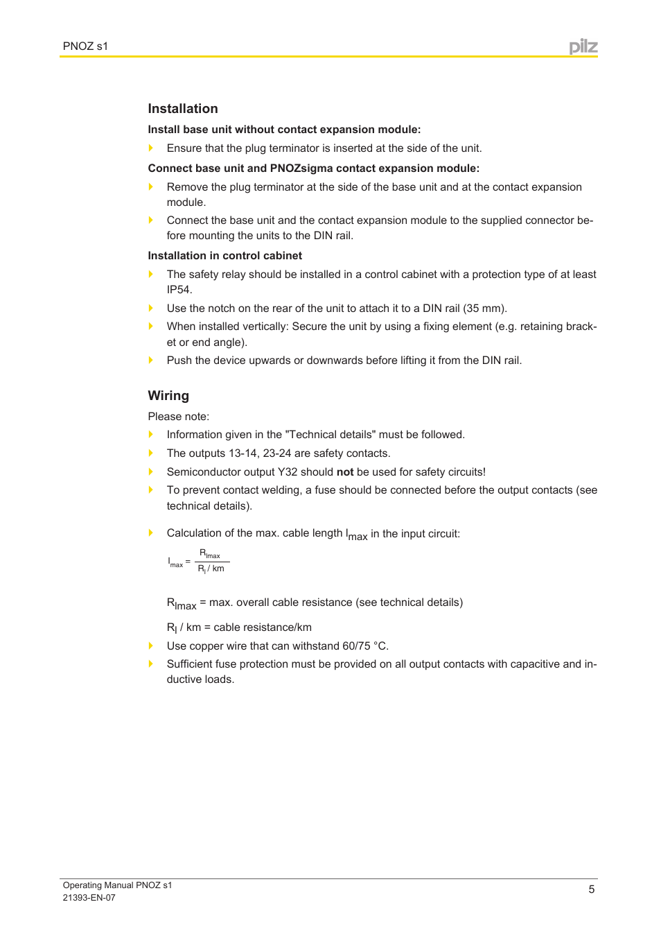 Installation, Wiring | Pilz PNOZ s1 C 24VDC 2 n/o User Manual | Page 5 / 13