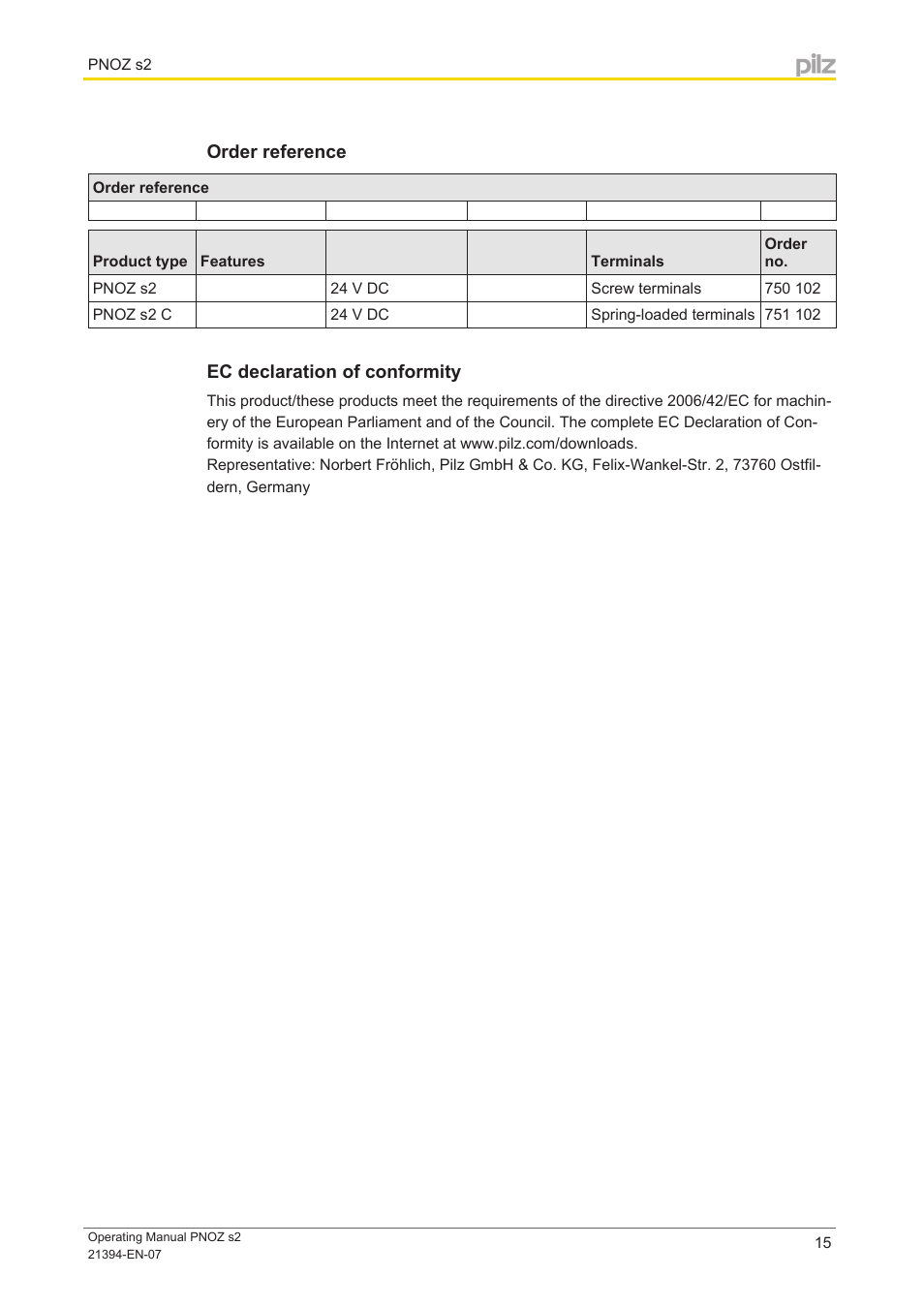 Order reference, Ec declaration of conformity | Pilz PNOZ s2 C 24VDC 3 n/o 1 n/c User Manual | Page 15 / 16