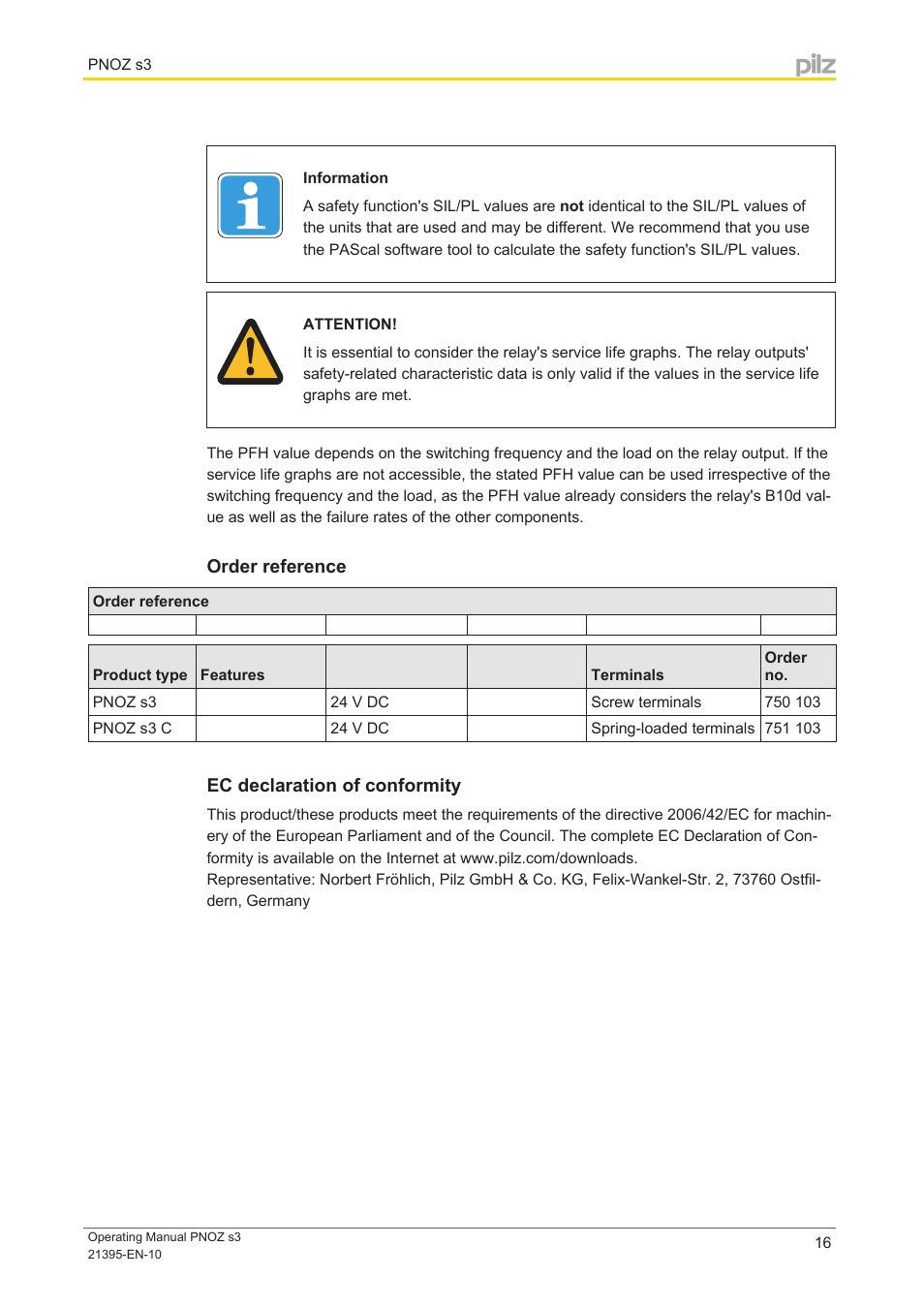 Order reference, Ec declaration of conformity | Pilz PNOZ s3 C 24VDC 2 n/o User Manual | Page 16 / 17