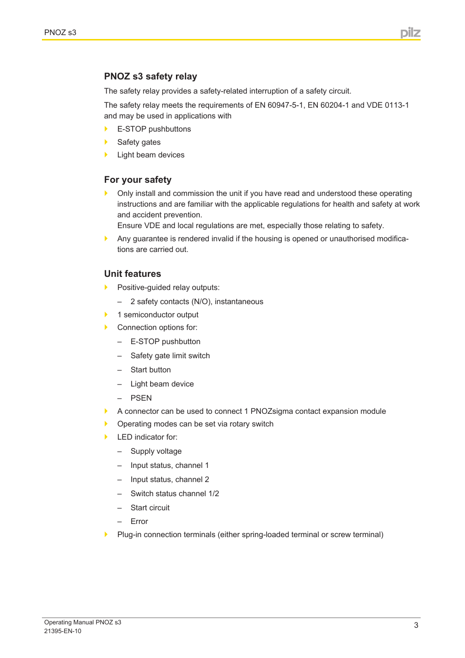 Pnoz s3 safety relay, For your safety, Unit features | Pilz PNOZ s3 C 24VDC 2 n/o User Manual | Page 3 / 17