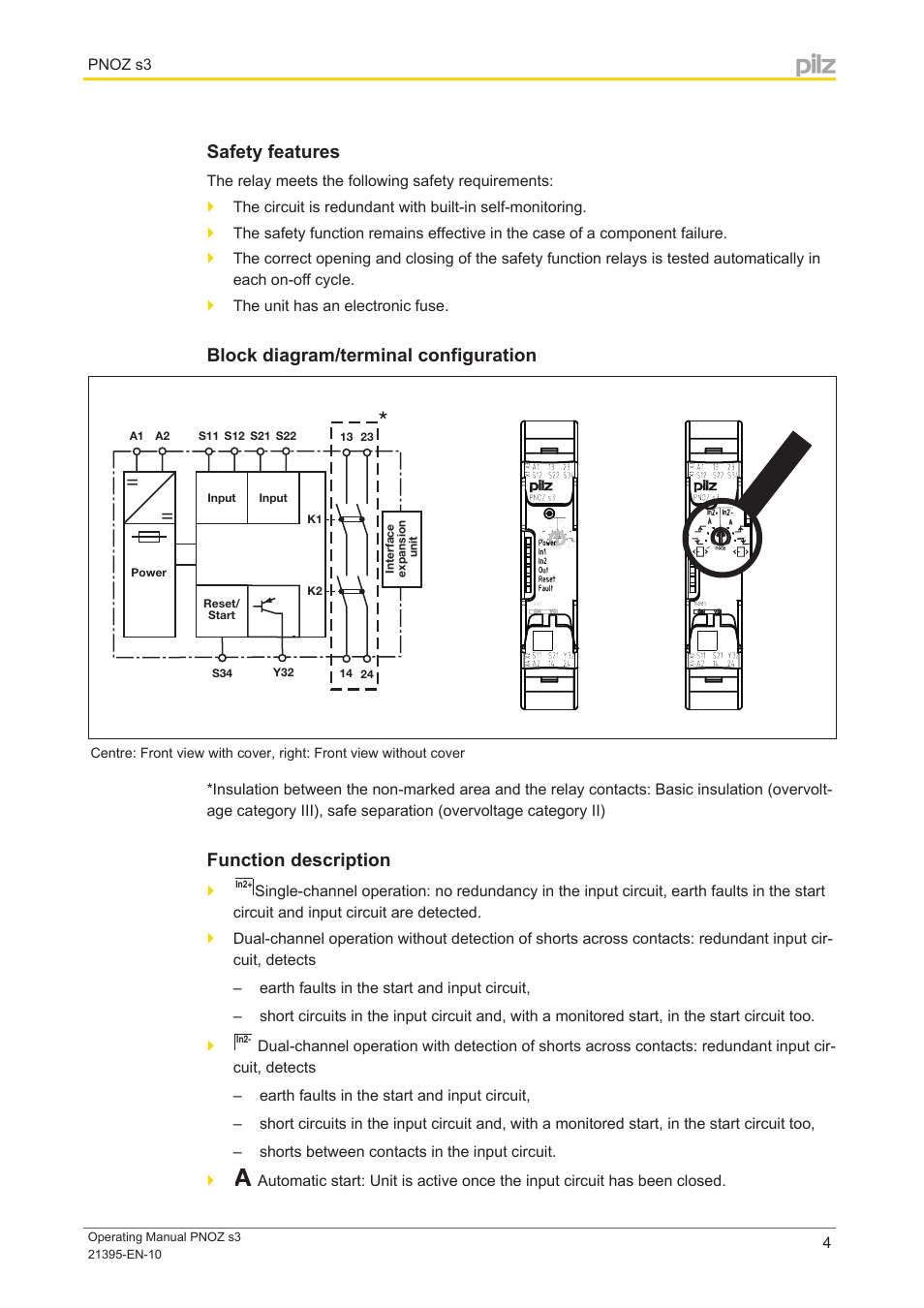 Safety features, Block diagram/terminal configuration, Function description | Pilz PNOZ s3 C 24VDC 2 n/o User Manual | Page 4 / 17