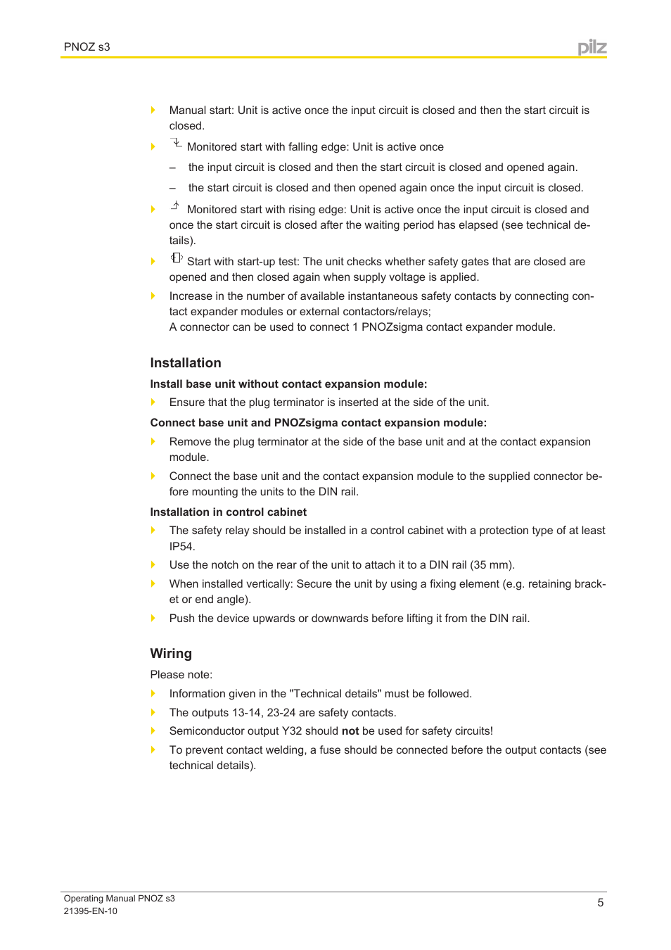 Installation, Wiring | Pilz PNOZ s3 C 24VDC 2 n/o User Manual | Page 5 / 17