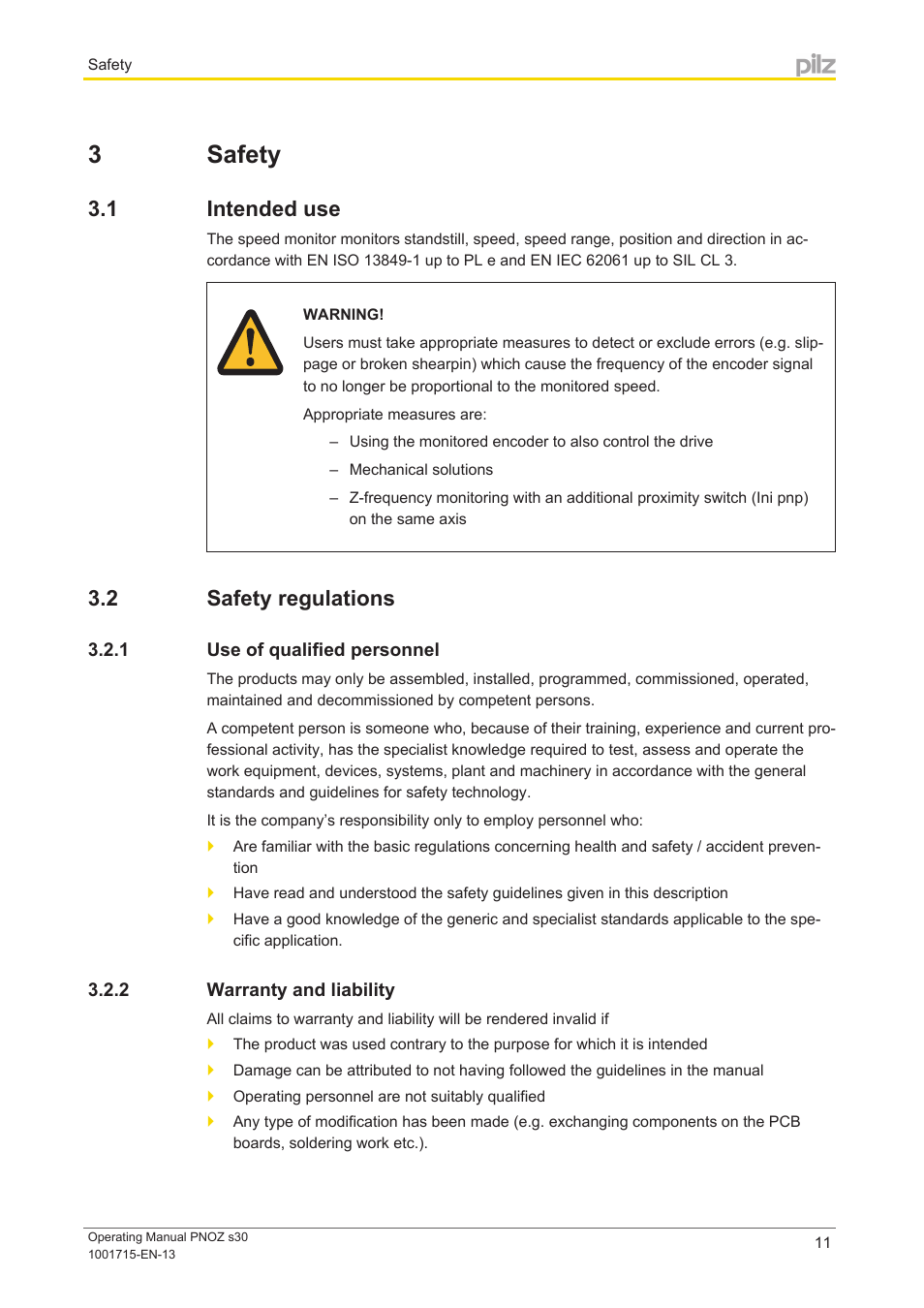 3 safety, 1 intended use, 2 safety regulations | 1 use of qualified personnel, 2 warranty and liability, Section 3, Safety, Intended use, Safety regulations, Use of qualified personnel | Pilz PNOZ s30 24-240VACDC 2 n/o 2 n/c User Manual | Page 11 / 89