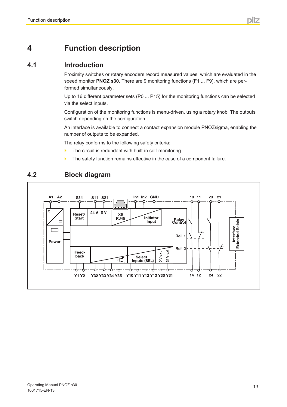 4 function description, 1 introduction, 2 block diagram | Section 4, Function description, Introduction, Block diagram | Pilz PNOZ s30 24-240VACDC 2 n/o 2 n/c User Manual | Page 13 / 89