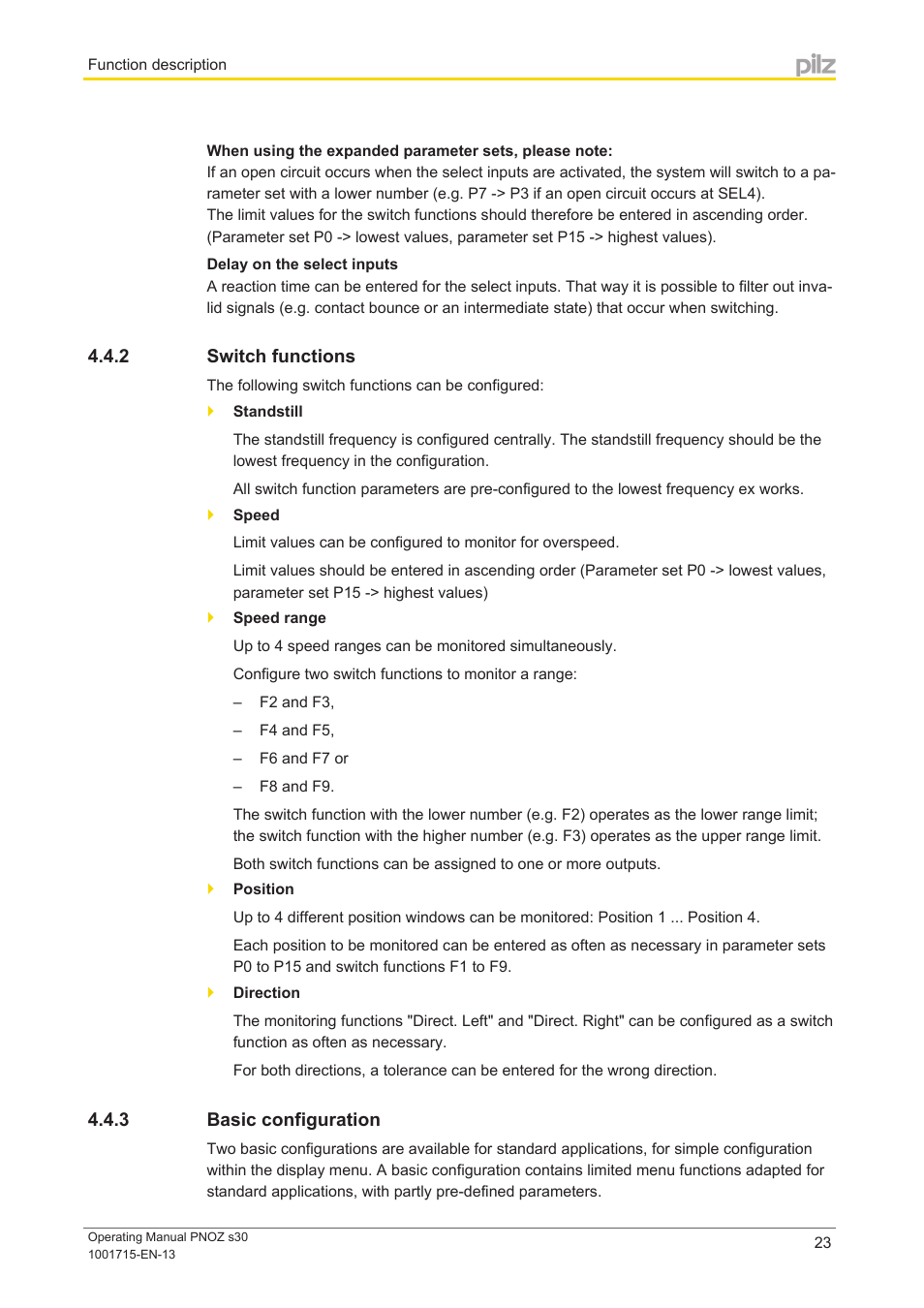 2 switch functions, 3 basic configuration, Switch functions | Basic configuration | Pilz PNOZ s30 24-240VACDC 2 n/o 2 n/c User Manual | Page 23 / 89