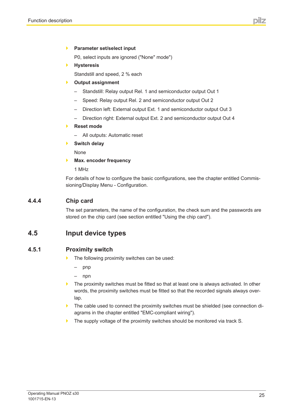 4 chip card, 5 input device types, 1 proximity switch | Chip card, Input device types, Proximity switch | Pilz PNOZ s30 24-240VACDC 2 n/o 2 n/c User Manual | Page 25 / 89