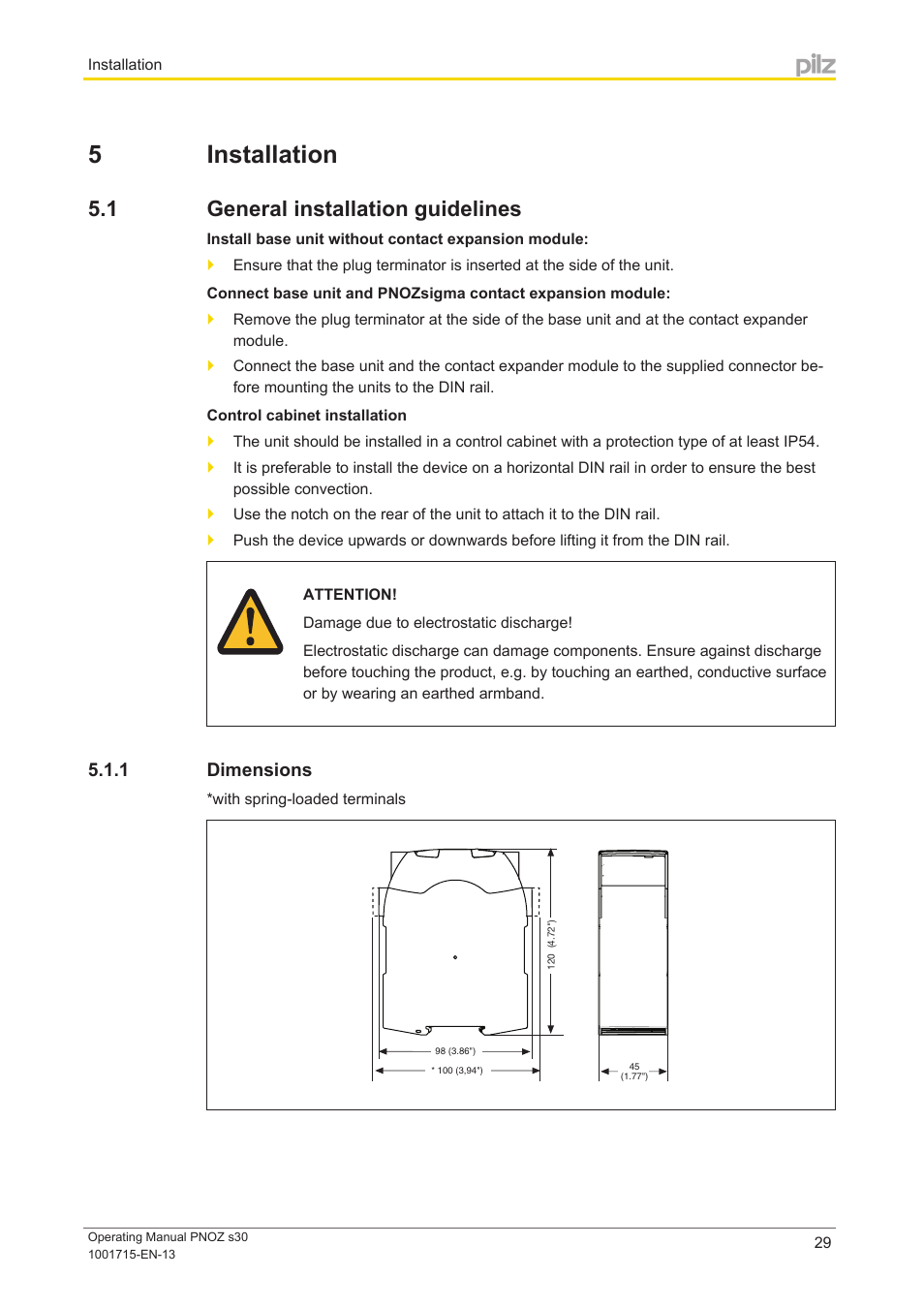 5 installation, 1 general installation guidelines, 1 dimensions | Section 5, Installation, General installation guidelines, Dimensions | Pilz PNOZ s30 24-240VACDC 2 n/o 2 n/c User Manual | Page 29 / 89