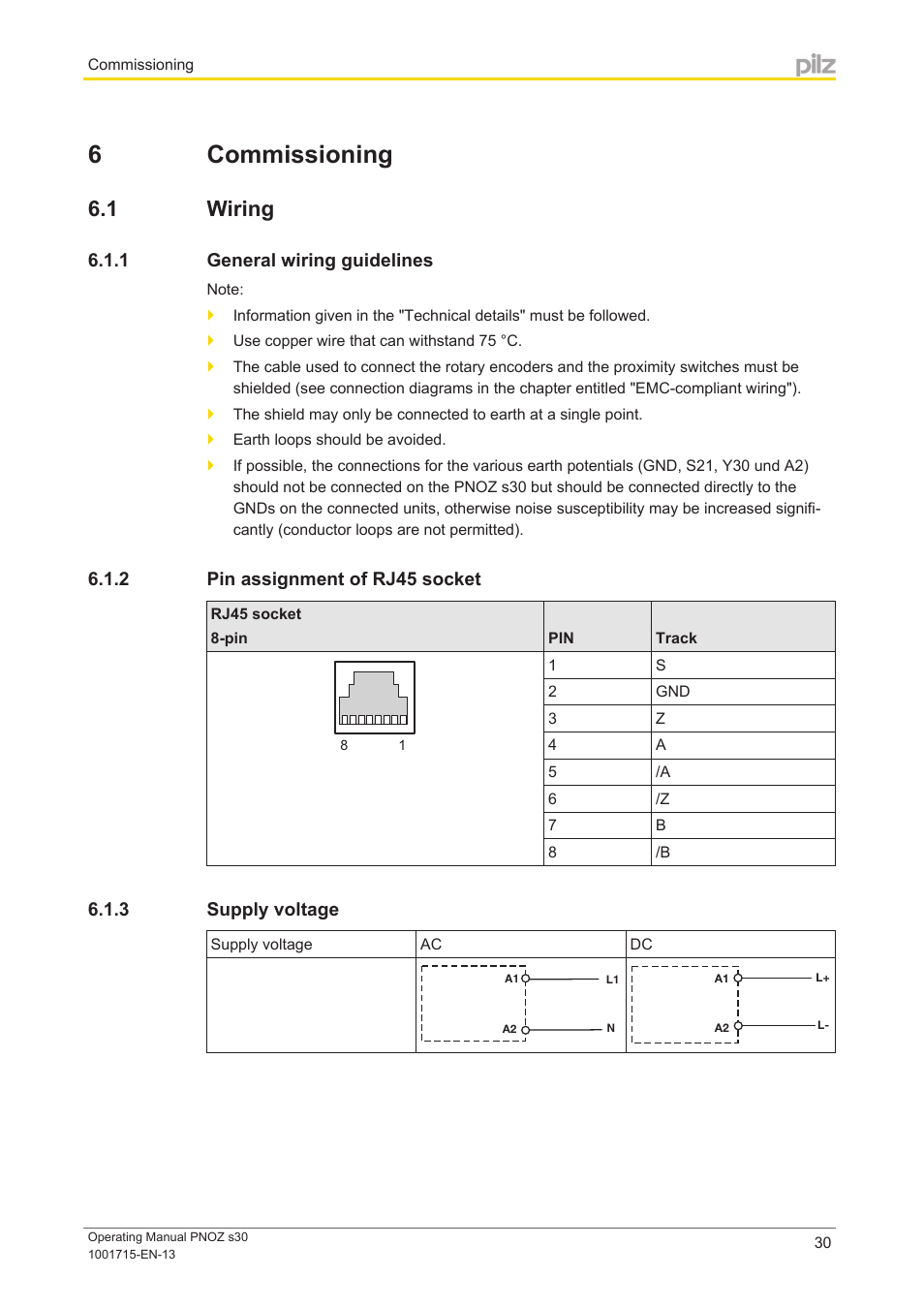 6 commissioning, 1 wiring, 1 general wiring guidelines | 2 pin assignment of rj45 socket, 3 supply voltage, Section 6, Commissioning, Wiring, General wiring guidelines, Pin assignment of rj45 socket | Pilz PNOZ s30 24-240VACDC 2 n/o 2 n/c User Manual | Page 30 / 89