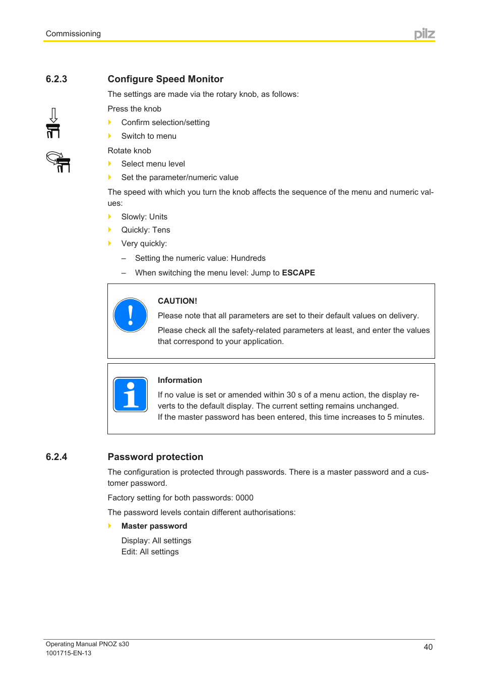3 configure speed monitor, 4 password protection, Configure speed monitor | Password protection | Pilz PNOZ s30 24-240VACDC 2 n/o 2 n/c User Manual | Page 40 / 89