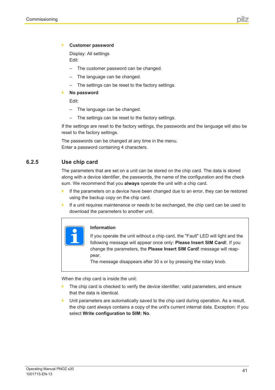 5 use chip card, Use chip card | Pilz PNOZ s30 24-240VACDC 2 n/o 2 n/c User Manual | Page 41 / 89