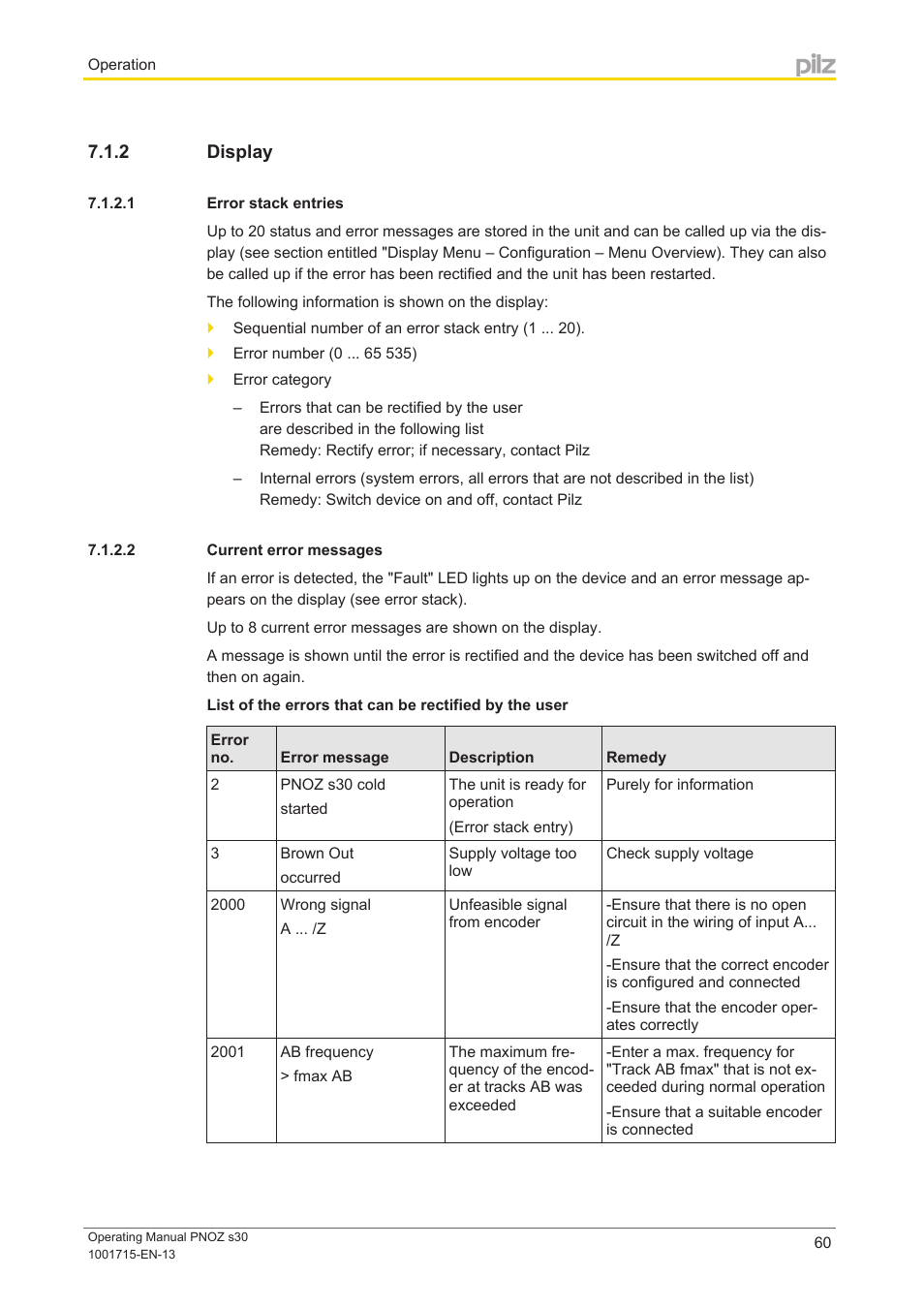 2 display, 1 error stack entries, 2 current error messages | Display | Pilz PNOZ s30 24-240VACDC 2 n/o 2 n/c User Manual | Page 60 / 89