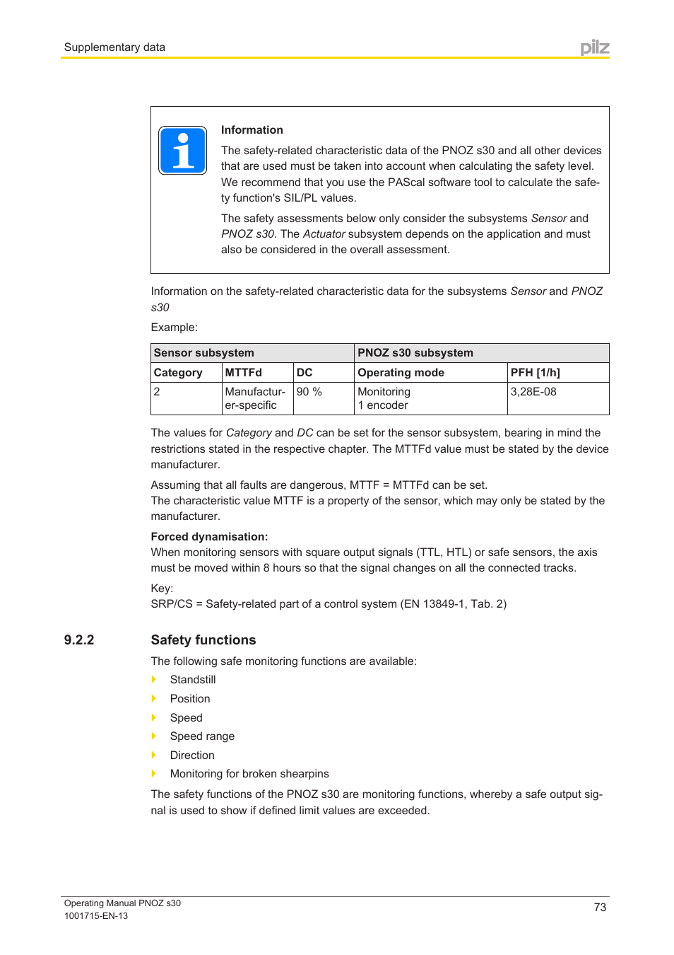 2 safety functions, Safety functions | Pilz PNOZ s30 24-240VACDC 2 n/o 2 n/c User Manual | Page 73 / 89