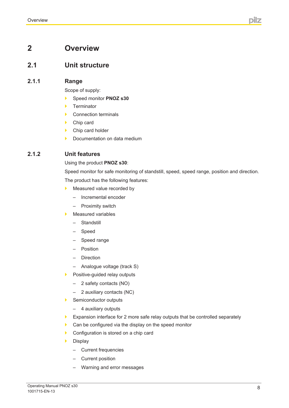 2 overview, 1 unit structure, 1 range | 2 unit features, Section 2, Overview, Unit structure, Range, Unit features | Pilz PNOZ s30 24-240VACDC 2 n/o 2 n/c User Manual | Page 8 / 89