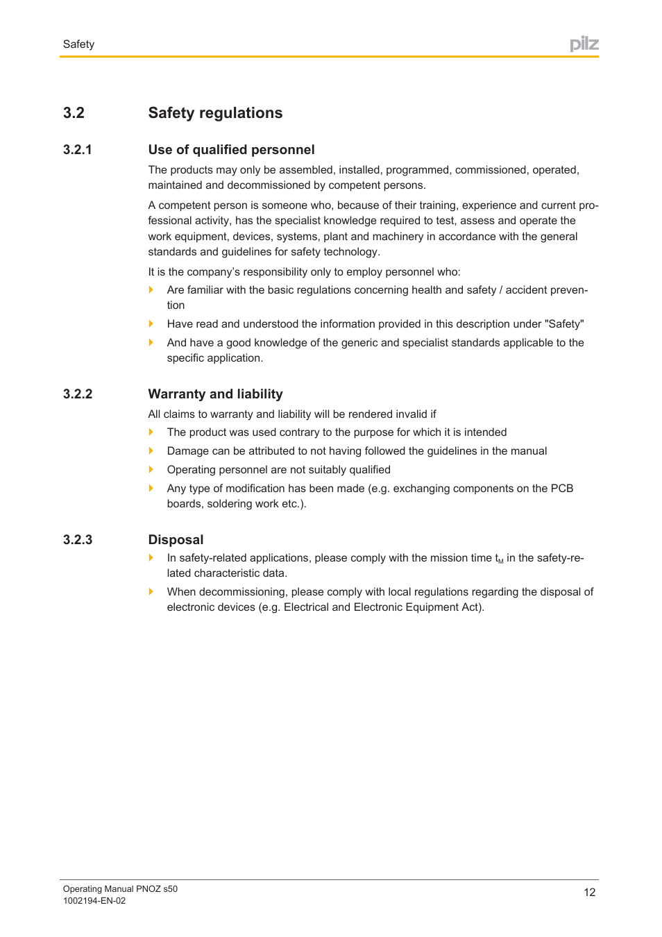 2 safety regulations, 1 use of qualified personnel, 2 warranty and liability | 3 disposal, Safety regulations, Use of qualified personnel, Warranty and liability, Disposal | Pilz PNOZ s50 C User Manual | Page 12 / 69