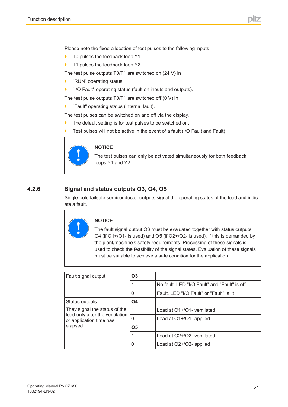 6 signal and status outputs o3, o4, o5, Signal and status outputs o3, o4, o5 | Pilz PNOZ s50 C User Manual | Page 21 / 69
