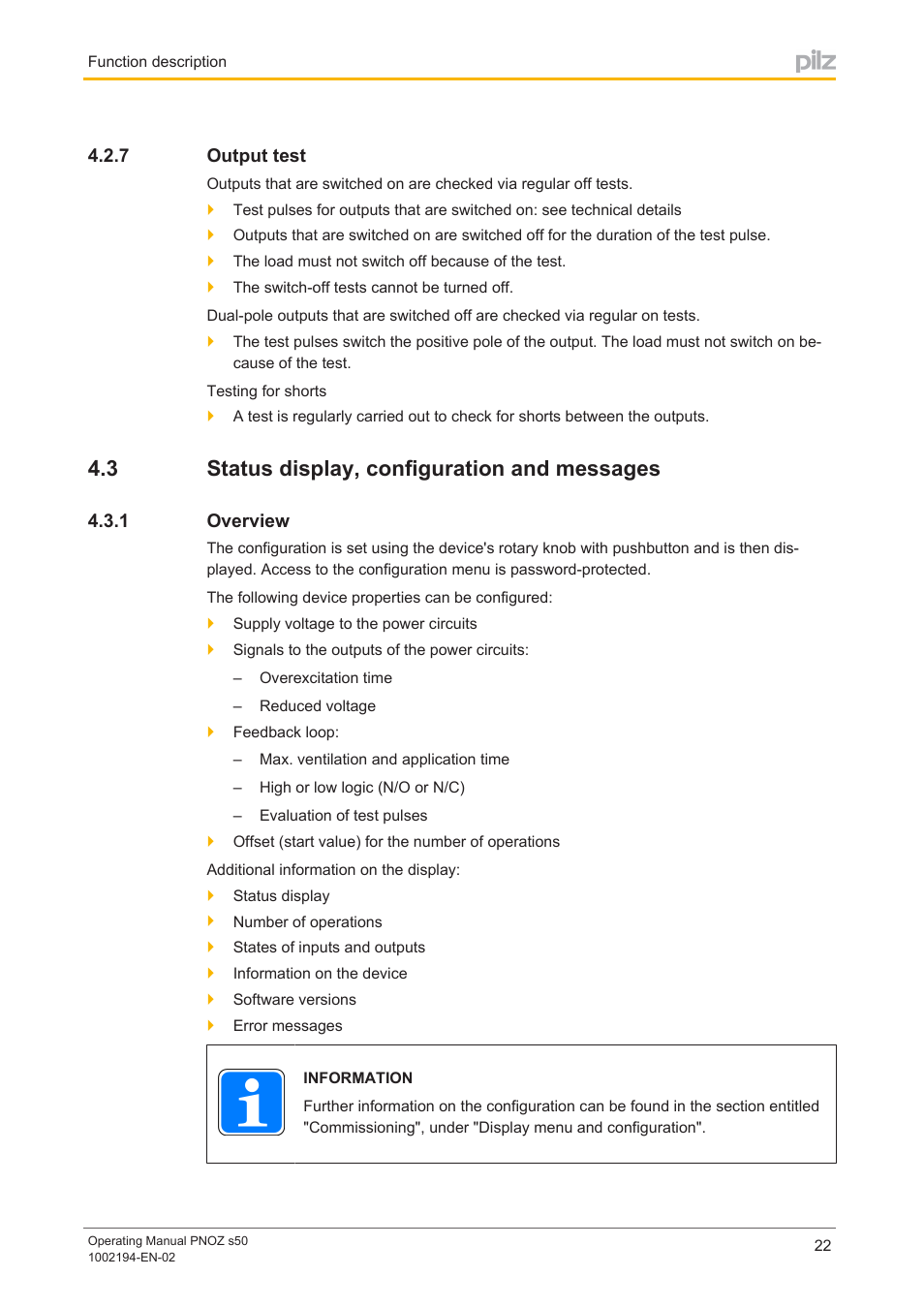 7 output test, 3 status display, configuration and messages, 1 overview | Output test, Status display, configuration and messages, Overview | Pilz PNOZ s50 C User Manual | Page 22 / 69