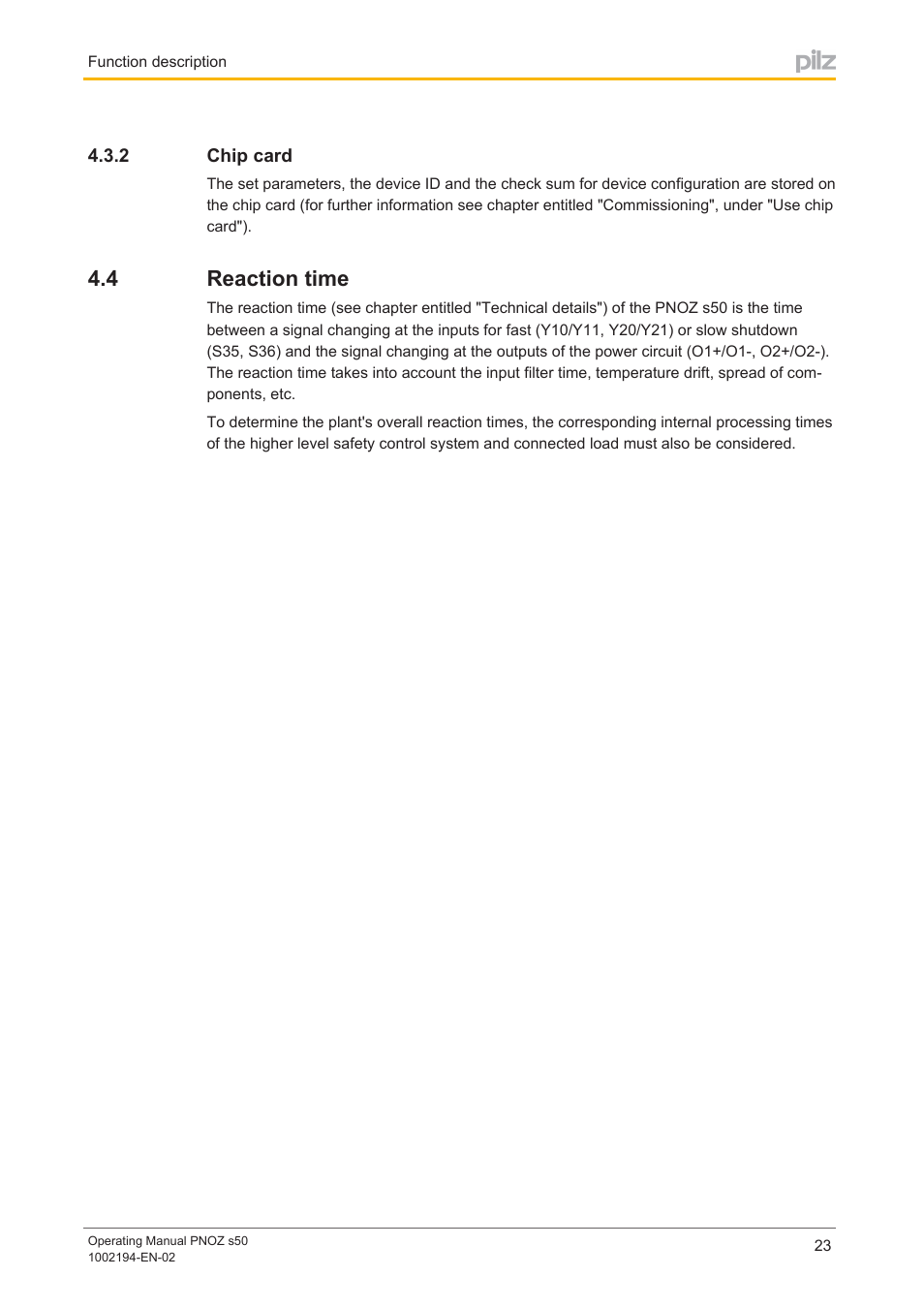 2 chip card, 4 reaction time, Chip card | Reaction time | Pilz PNOZ s50 C User Manual | Page 23 / 69