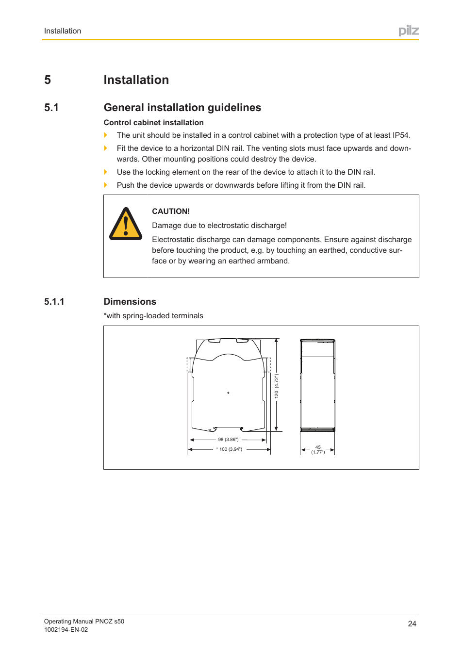 5 installation, 1 general installation guidelines, 1 dimensions | Section 5, Installation, General installation guidelines, Dimensions, 5installation | Pilz PNOZ s50 C User Manual | Page 24 / 69