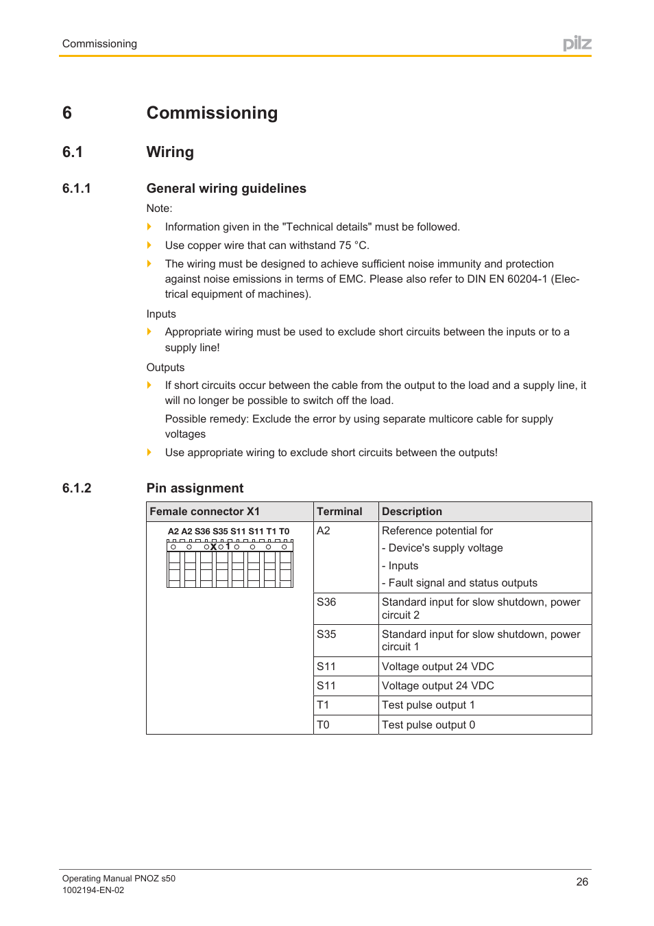 6 commissioning, 1 wiring, 1 general wiring guidelines | 2 pin assignment, Section 6, Commissioning, Wiring, General wiring guidelines, Pin assignment, 6commissioning | Pilz PNOZ s50 C User Manual | Page 26 / 69