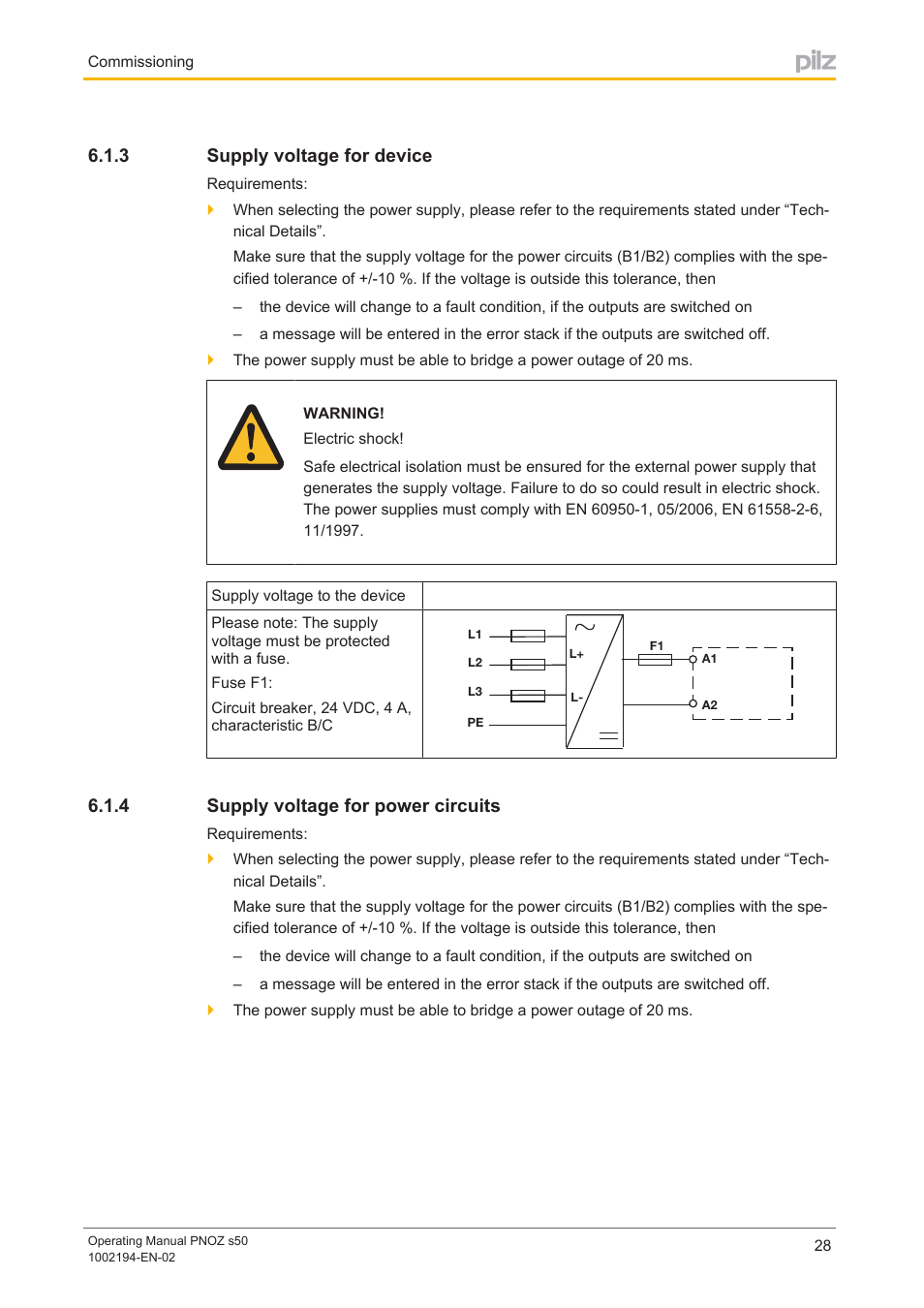 3 supply voltage for device, 4 supply voltage for power circuits, Supply voltage for device | Supply voltage for power circuits | Pilz PNOZ s50 C User Manual | Page 28 / 69