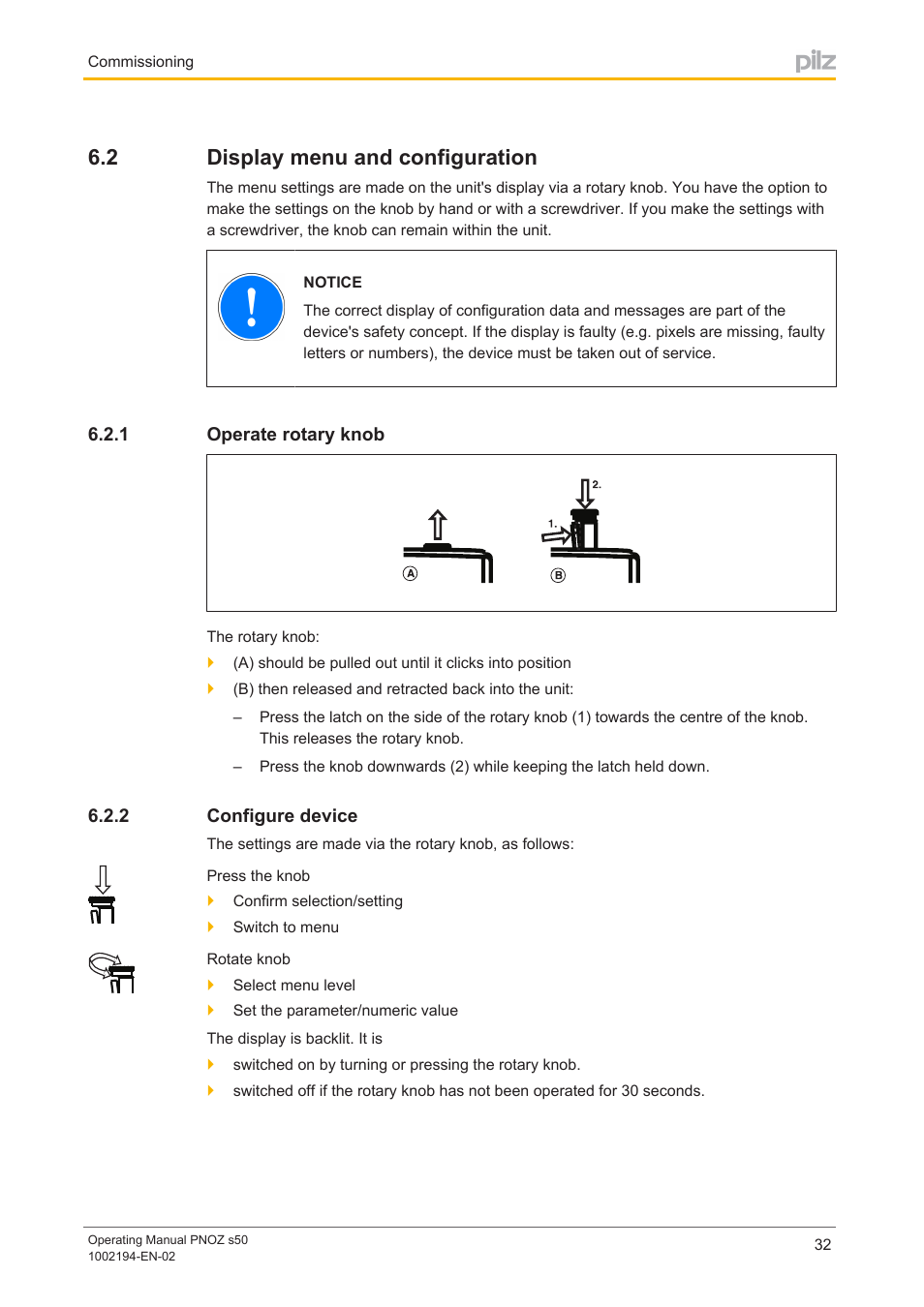 2 display menu and configuration, 1 operate rotary knob, 2 configure device | Display menu and configuration, Operate rotary knob, Configure device | Pilz PNOZ s50 C User Manual | Page 32 / 69