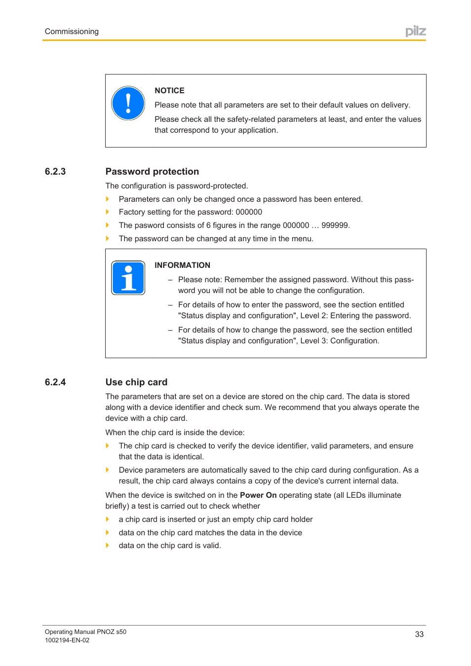 3 password protection, 4 use chip card, Password protection | Use chip card | Pilz PNOZ s50 C User Manual | Page 33 / 69