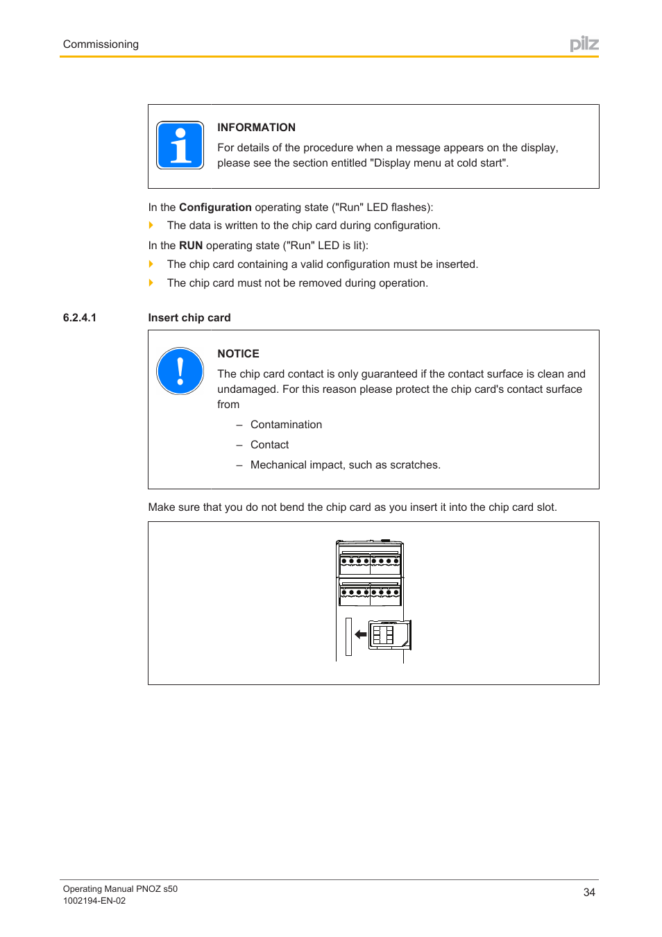 1 insert chip card, Insert chip card | Pilz PNOZ s50 C User Manual | Page 34 / 69