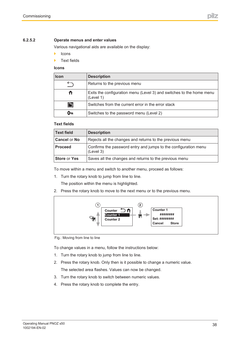 2 operate menus and enter values, Operate menus and enter values | Pilz PNOZ s50 C User Manual | Page 38 / 69