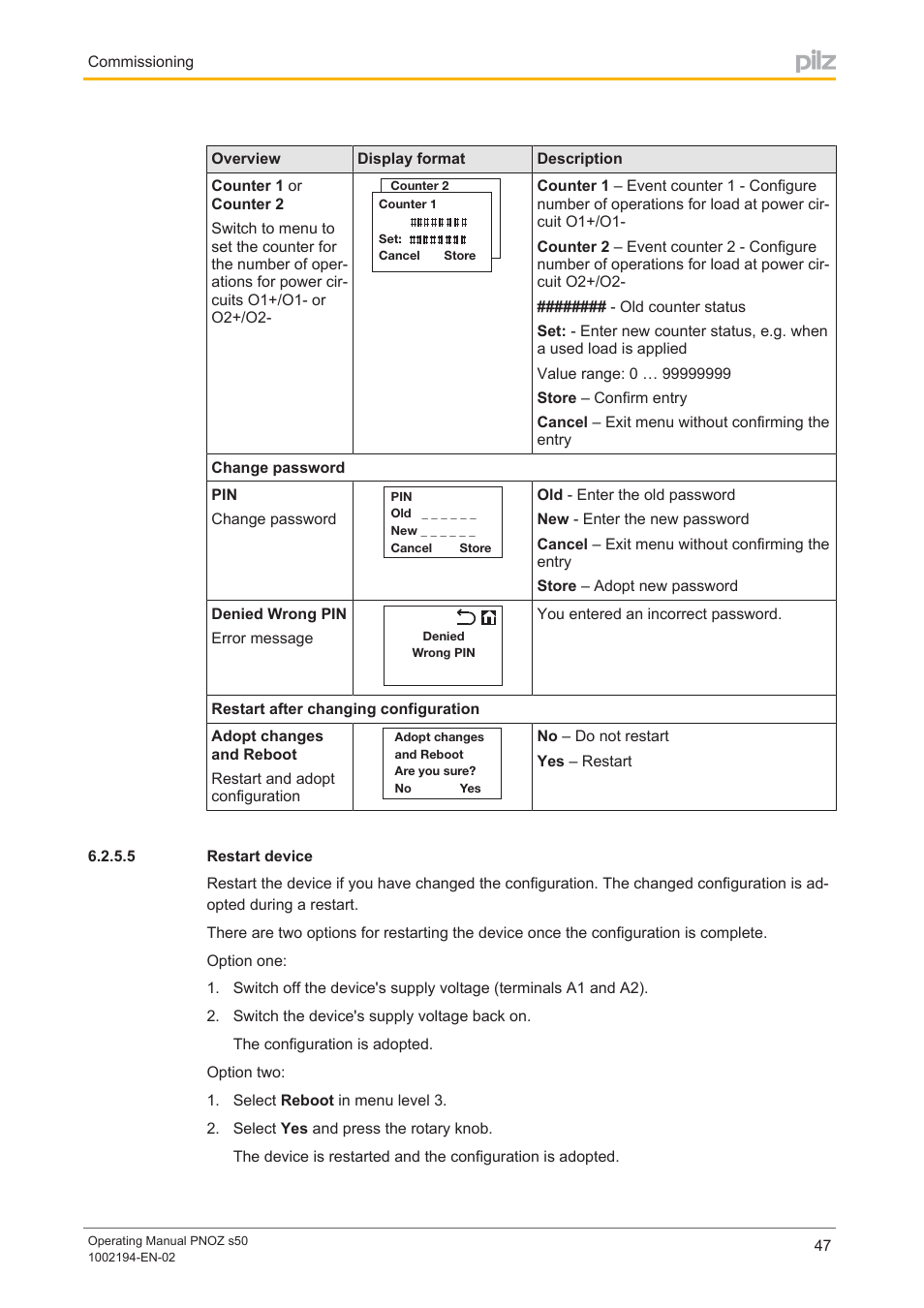 5 restart device, Restart device | Pilz PNOZ s50 C User Manual | Page 47 / 69