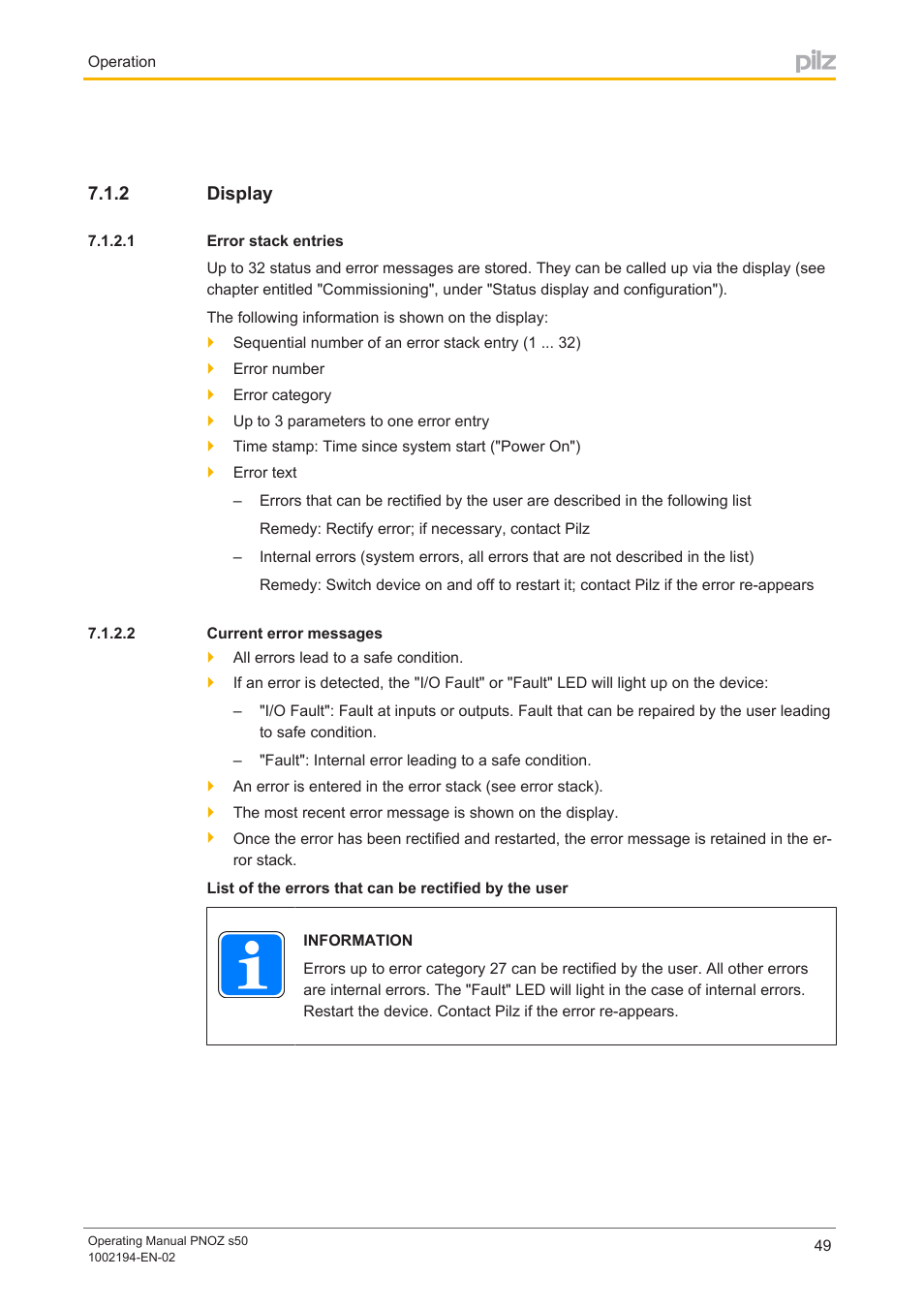 2 display, 1 error stack entries, 2 current error messages | Display, Error stack entries, Current error messages | Pilz PNOZ s50 C User Manual | Page 49 / 69
