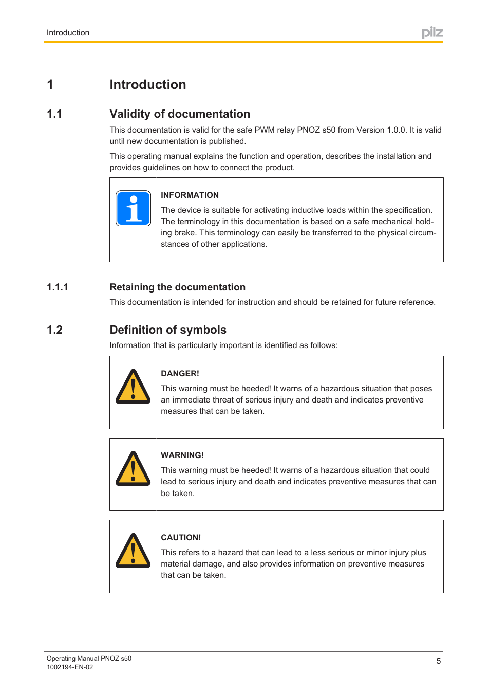 1 introduction, 1 validity of documentation, 1 retaining the documentation | 2 definition of symbols, Section 1, Introduction, Validity of documentation, Retaining the documentation, Definition of symbols, 1introduction | Pilz PNOZ s50 C User Manual | Page 5 / 69