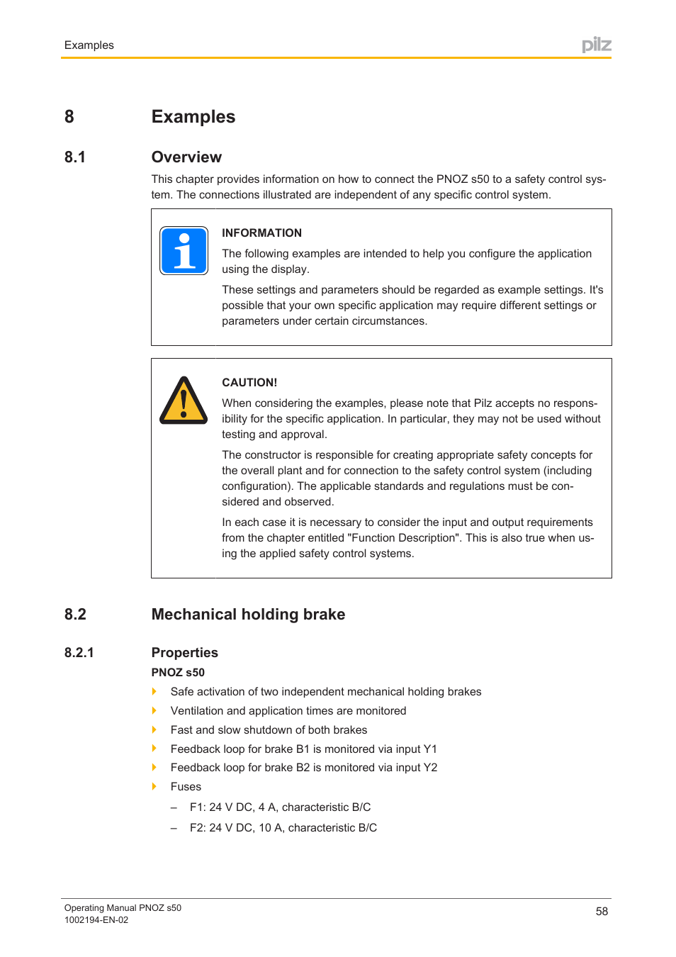 8 examples, 1 overview, 2 mechanical holding brake | 1 properties, Section 8, Examples, Overview, Mechanical holding brake, Properties, 8examples | Pilz PNOZ s50 C User Manual | Page 58 / 69