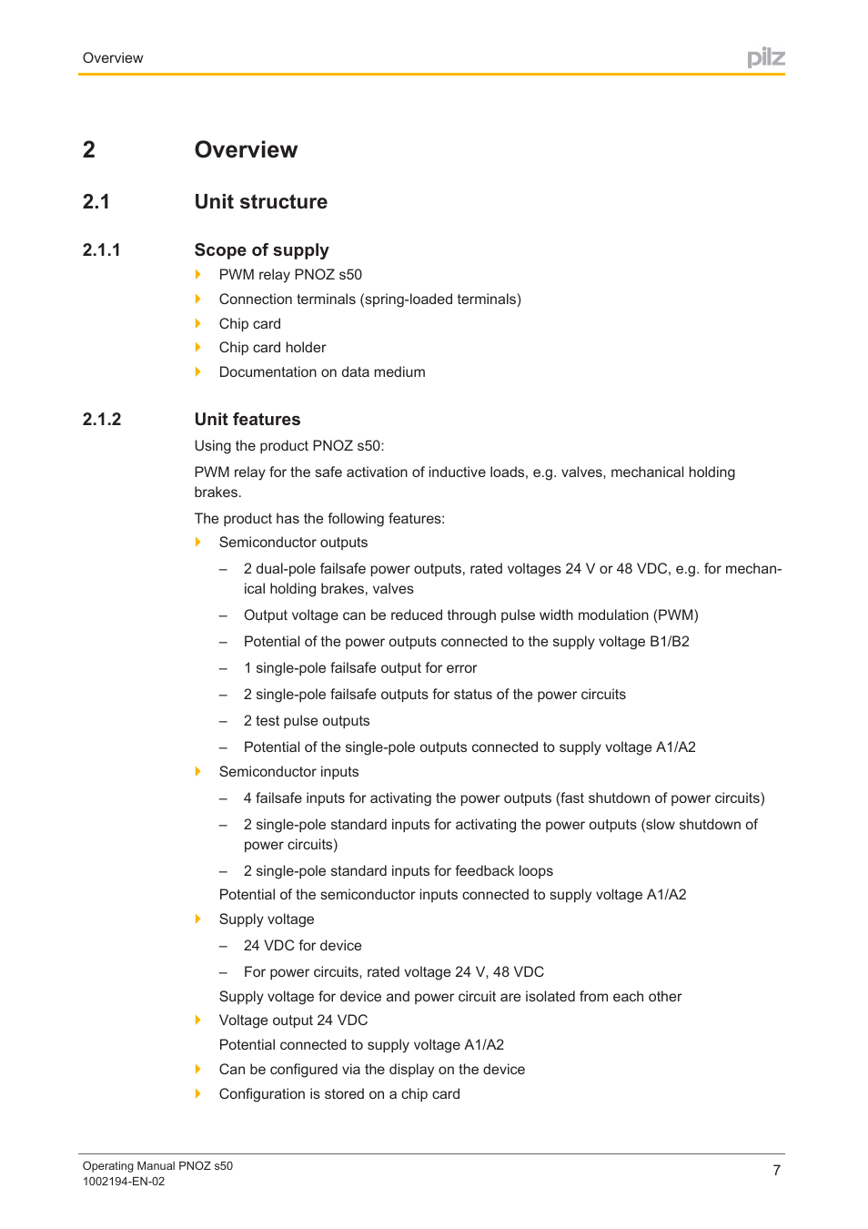 2 overview, 1 unit structure, 1 scope of supply | 2 unit features, Section 2, Overview, Unit structure, Scope of supply, Unit features, 2overview | Pilz PNOZ s50 C User Manual | Page 7 / 69