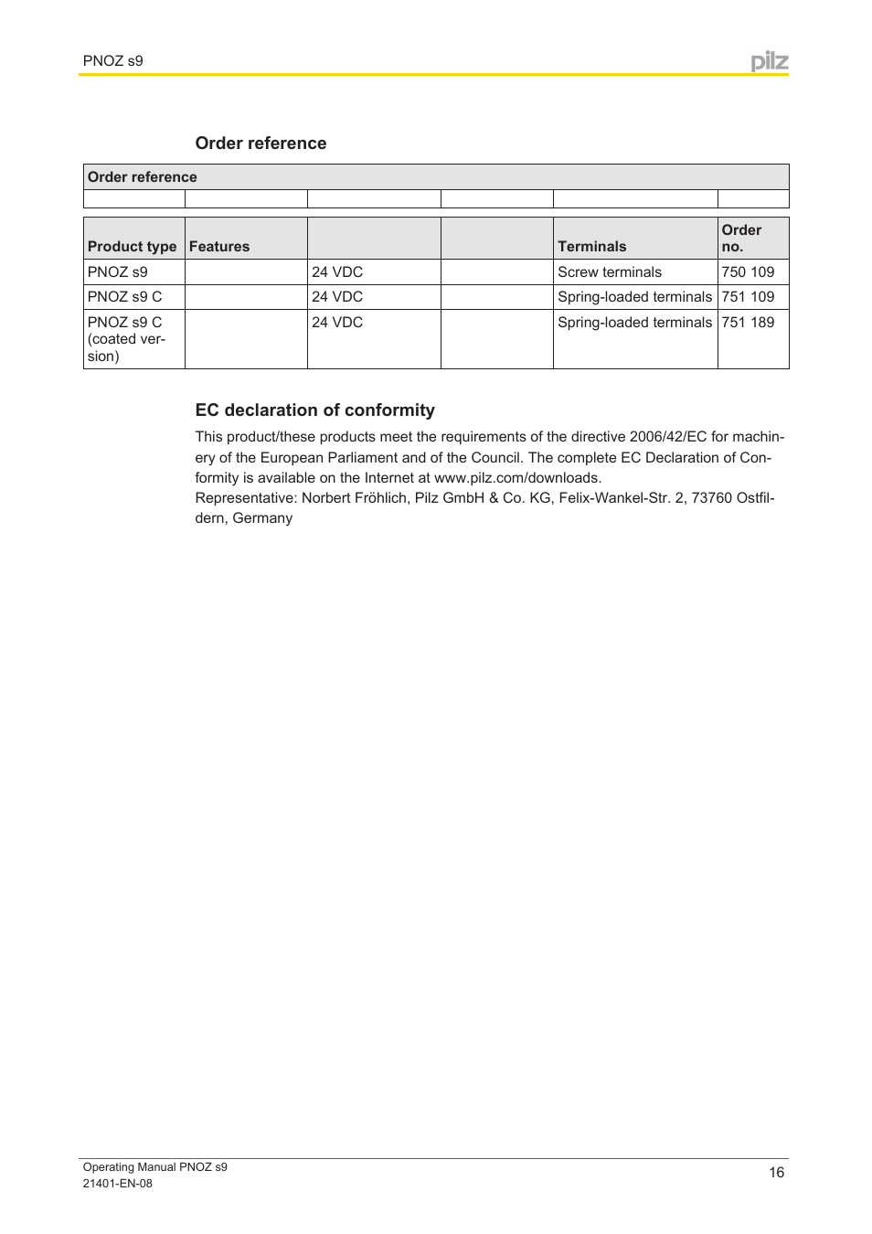 Order reference, Ec declaration of conformity | Pilz PNOZ s9 C 24VDC 3 n/o t 1 n/c t coated User Manual | Page 16 / 17
