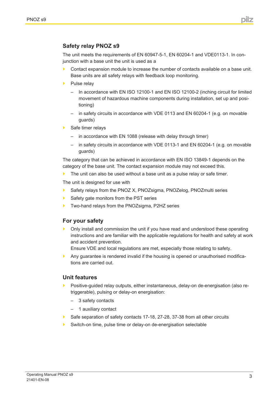 Safety relay pnoz s9, For your safety, Unit features | Pilz PNOZ s9 C 24VDC 3 n/o t 1 n/c t coated User Manual | Page 3 / 17