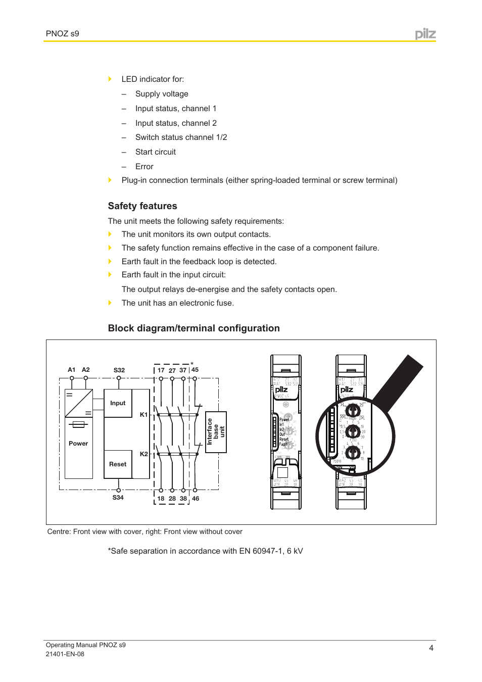 Safety features, Block diagram/terminal configuration | Pilz PNOZ s9 C 24VDC 3 n/o t 1 n/c t coated User Manual | Page 4 / 17