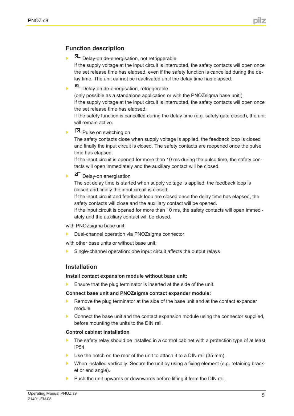 Function description, Installation | Pilz PNOZ s9 C 24VDC 3 n/o t 1 n/c t coated User Manual | Page 5 / 17