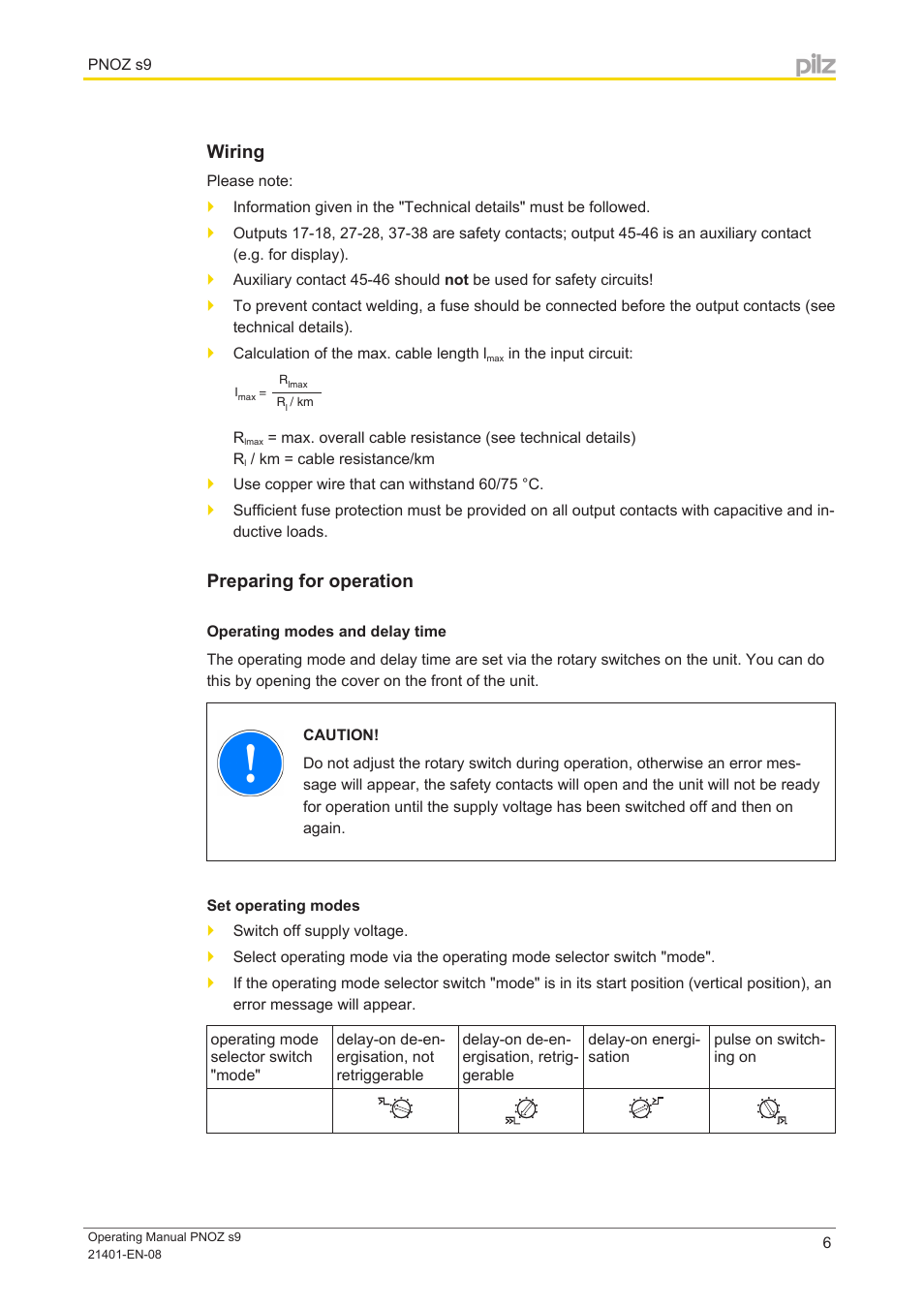 Wiring, Preparing for operation, Operating modes and delay time | Set operating modes | Pilz PNOZ s9 C 24VDC 3 n/o t 1 n/c t coated User Manual | Page 6 / 17
