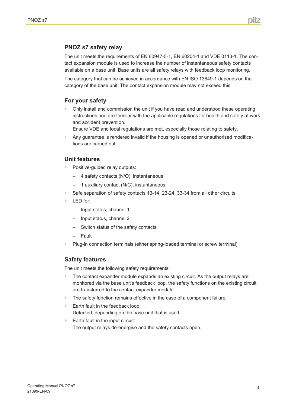 Pnoz s7 safety relay, For your safety, Unit features | Safety features | Pilz PNOZ s7 C 4 n/o 1 n/c coated User Manual | Page 3 / 13