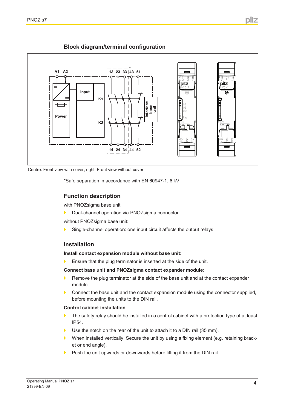 Block diagram/terminal configuration, Function description, Installation | Pilz PNOZ s7 C 4 n/o 1 n/c coated User Manual | Page 4 / 13