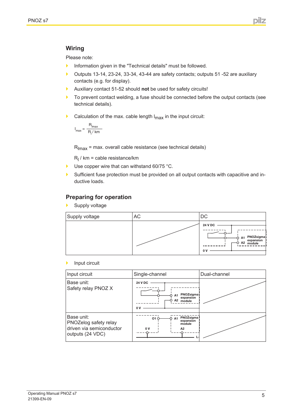 Wiring, Preparing for operation | Pilz PNOZ s7 C 4 n/o 1 n/c coated User Manual | Page 5 / 13