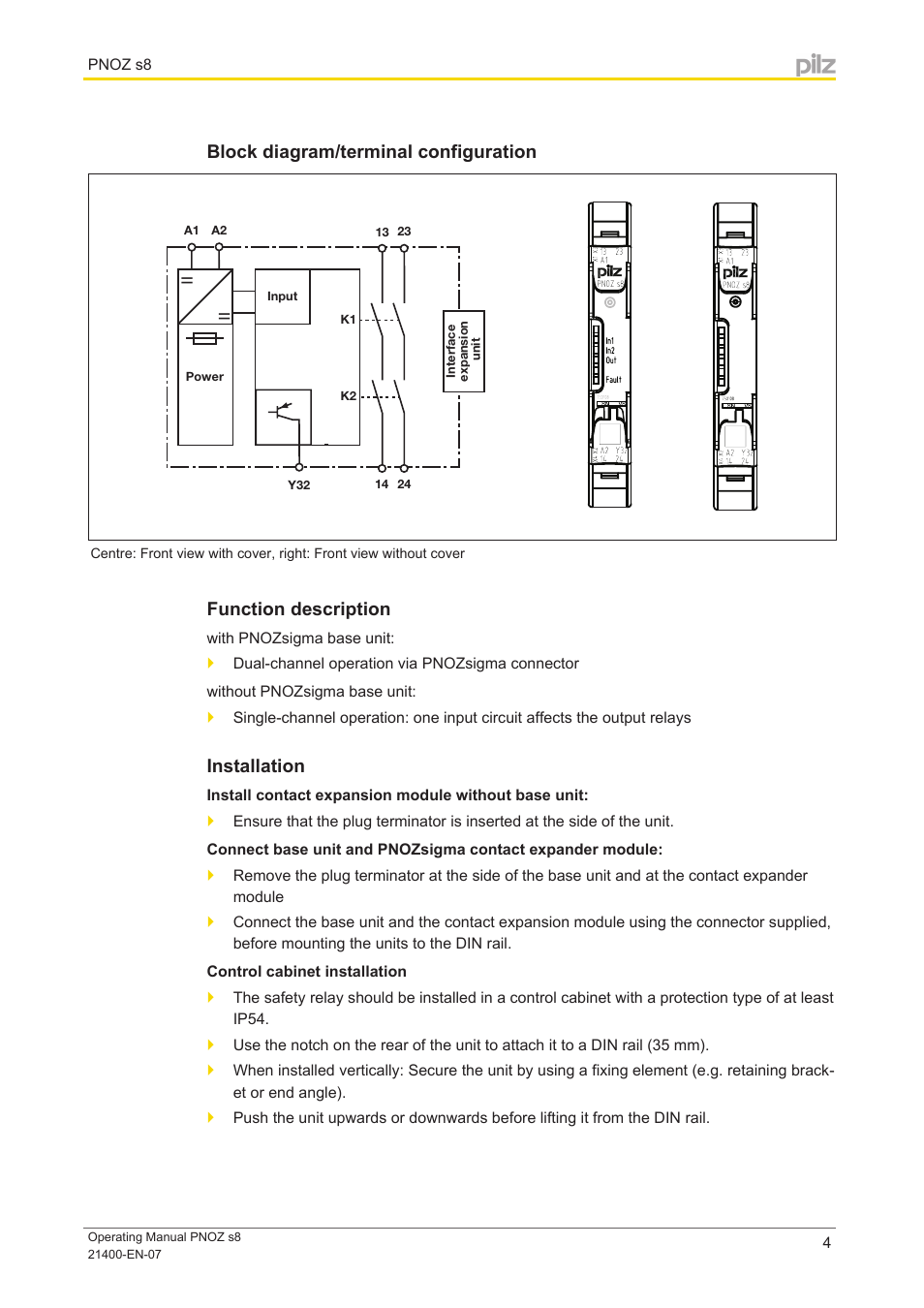 Block diagram/terminal configuration, Function description, Installation | Pilz PNOZ s8 C 24VDC 2 n/o User Manual | Page 4 / 12
