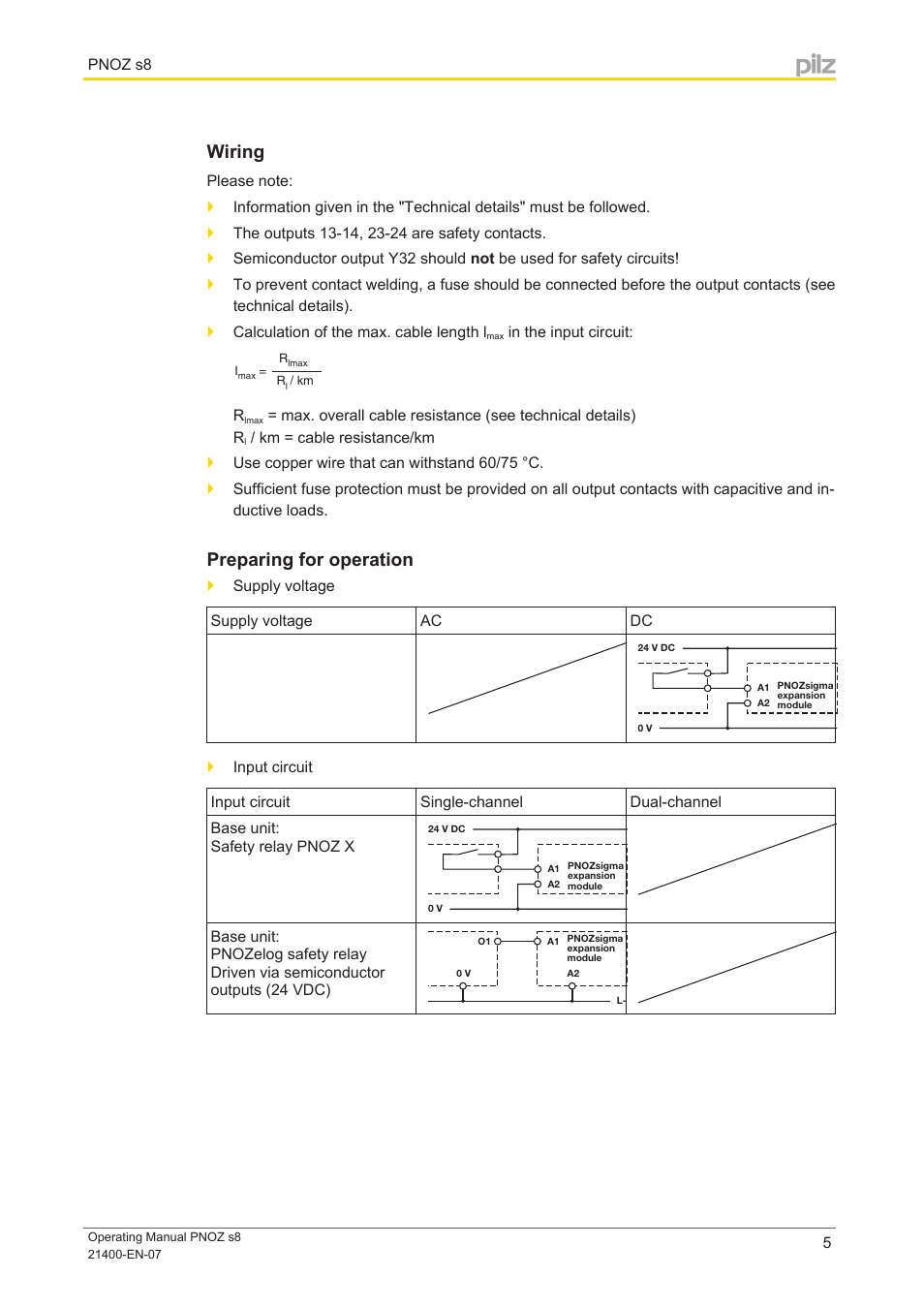 Wiring, Preparing for operation | Pilz PNOZ s8 C 24VDC 2 n/o User Manual | Page 5 / 12