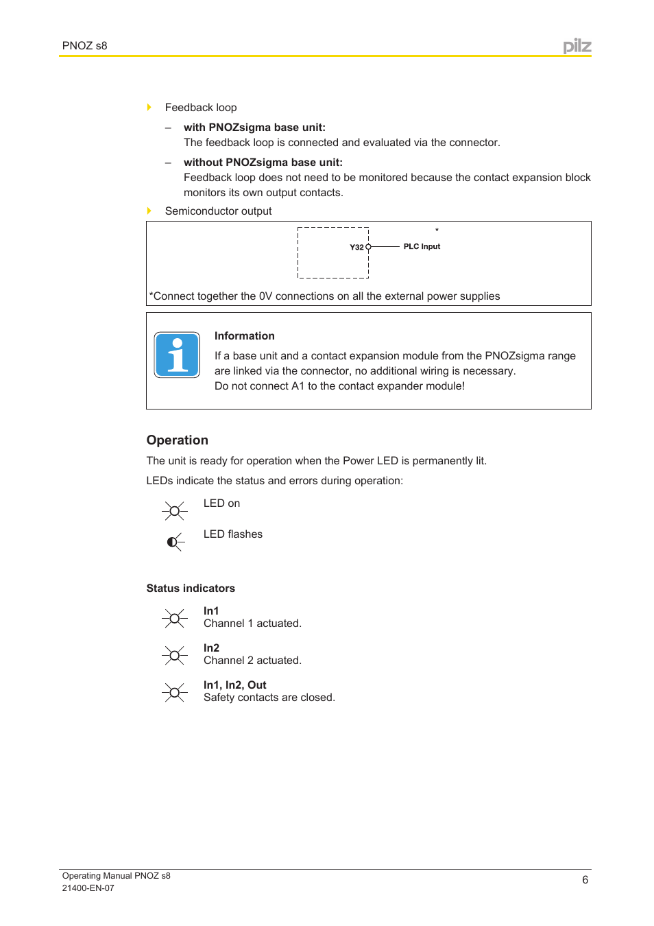 Operation, Status indicators | Pilz PNOZ s8 C 24VDC 2 n/o User Manual | Page 6 / 12