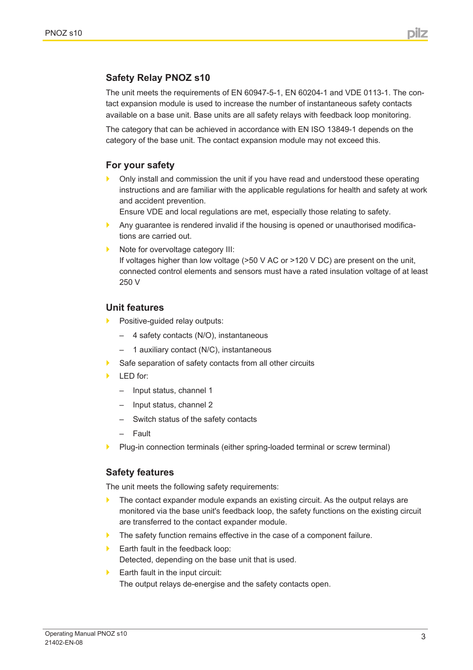 Safety relay pnoz s10, For your safety, Unit features | Safety features | Pilz PNOZ s10 C 24VDC 4 n/o 1 n/c User Manual | Page 3 / 13