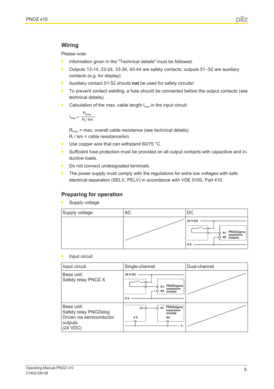Wiring, Preparing for operation | Pilz PNOZ s10 C 24VDC 4 n/o 1 n/c User Manual | Page 5 / 13