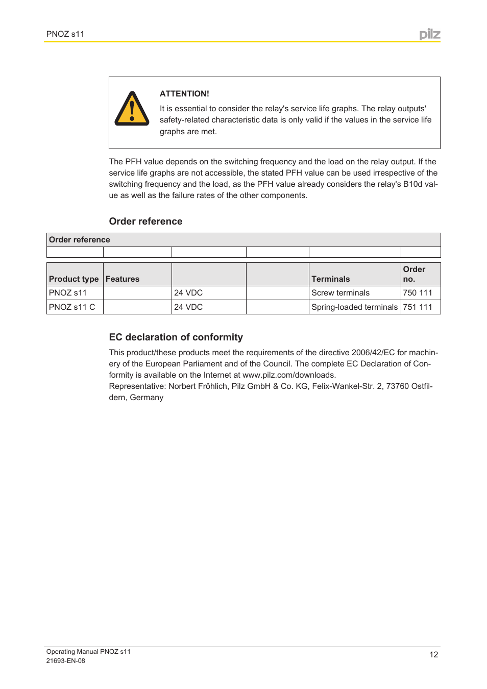 Order reference, Ec declaration of conformity | Pilz PNOZ s11 C 24VDC 8 n/o 1 n/c User Manual | Page 12 / 13