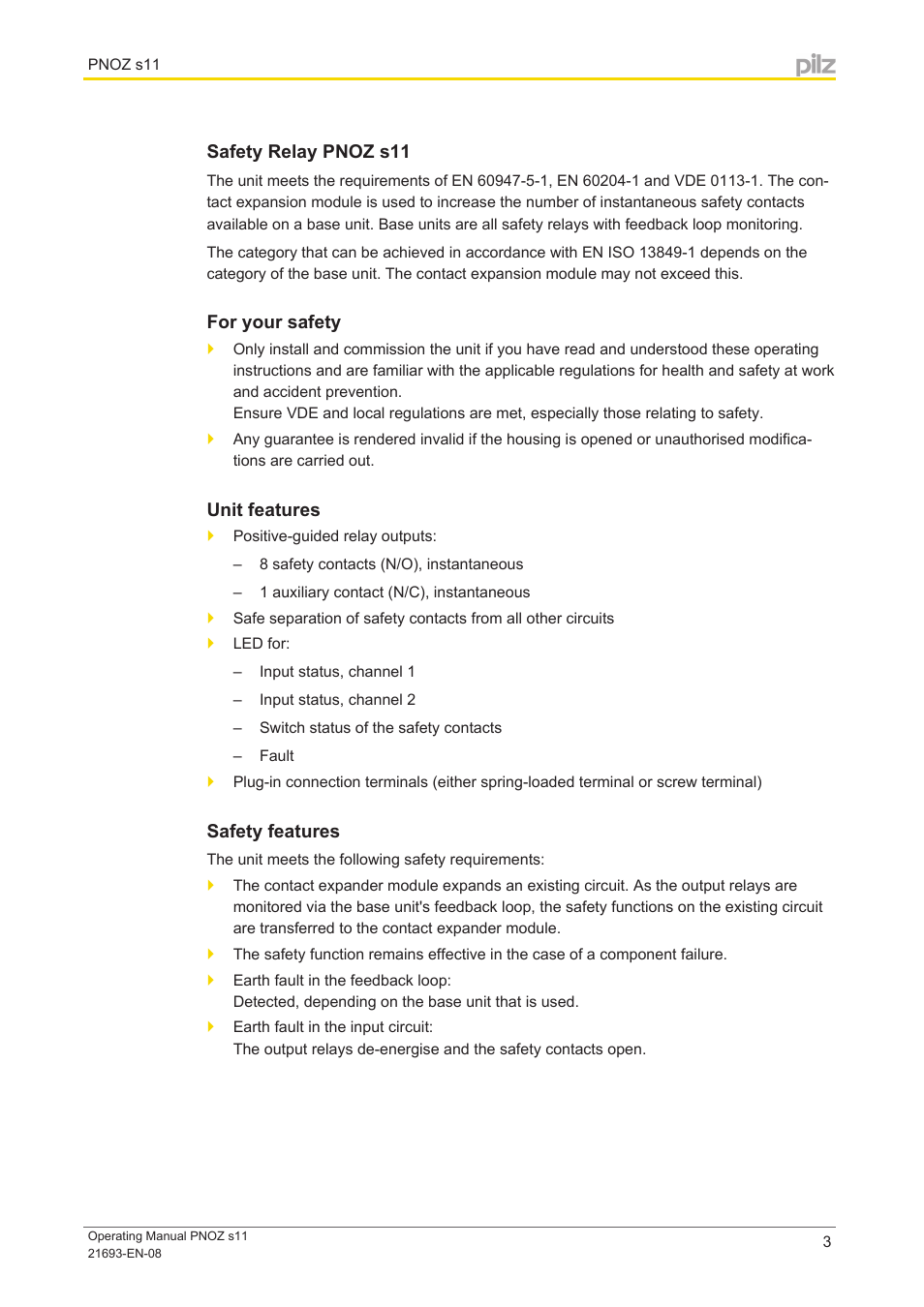 Safety relay pnoz s11, For your safety, Unit features | Safety features | Pilz PNOZ s11 C 24VDC 8 n/o 1 n/c User Manual | Page 3 / 13